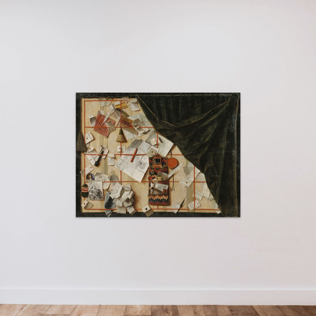 Trompe l'oeil med en brevvæg med Christian V's proklamation unframed — shown to scale