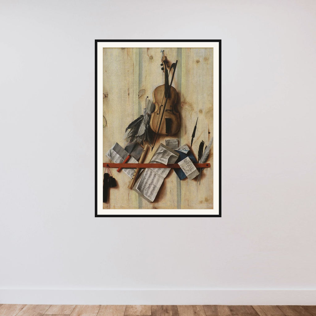 Trompe l'oeil med violin, nodehæfte og blokfløjte framed — shown to scale