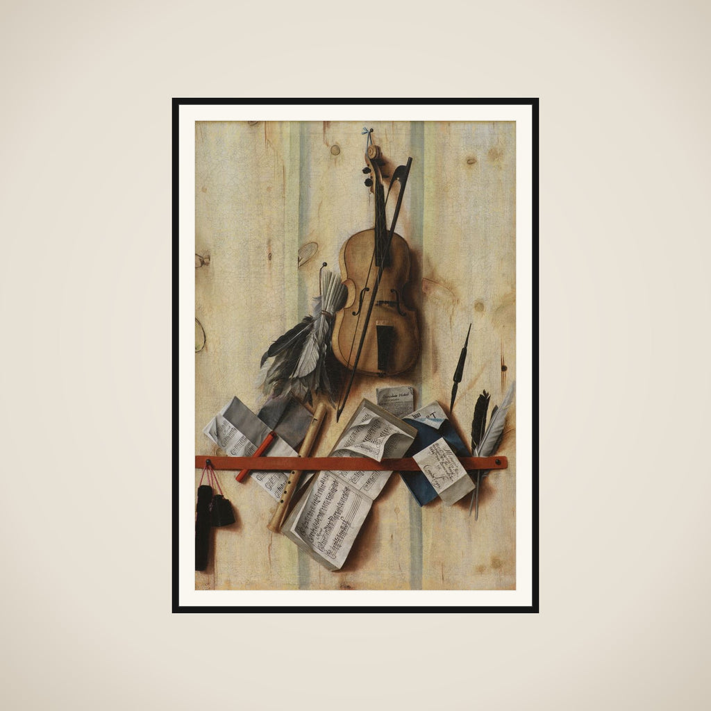 Trompe l'oeil med violin, nodehæfte og blokfløjte framed