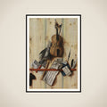 Trompe l'oeil med violin, nodehæfte og blokfløjte framed