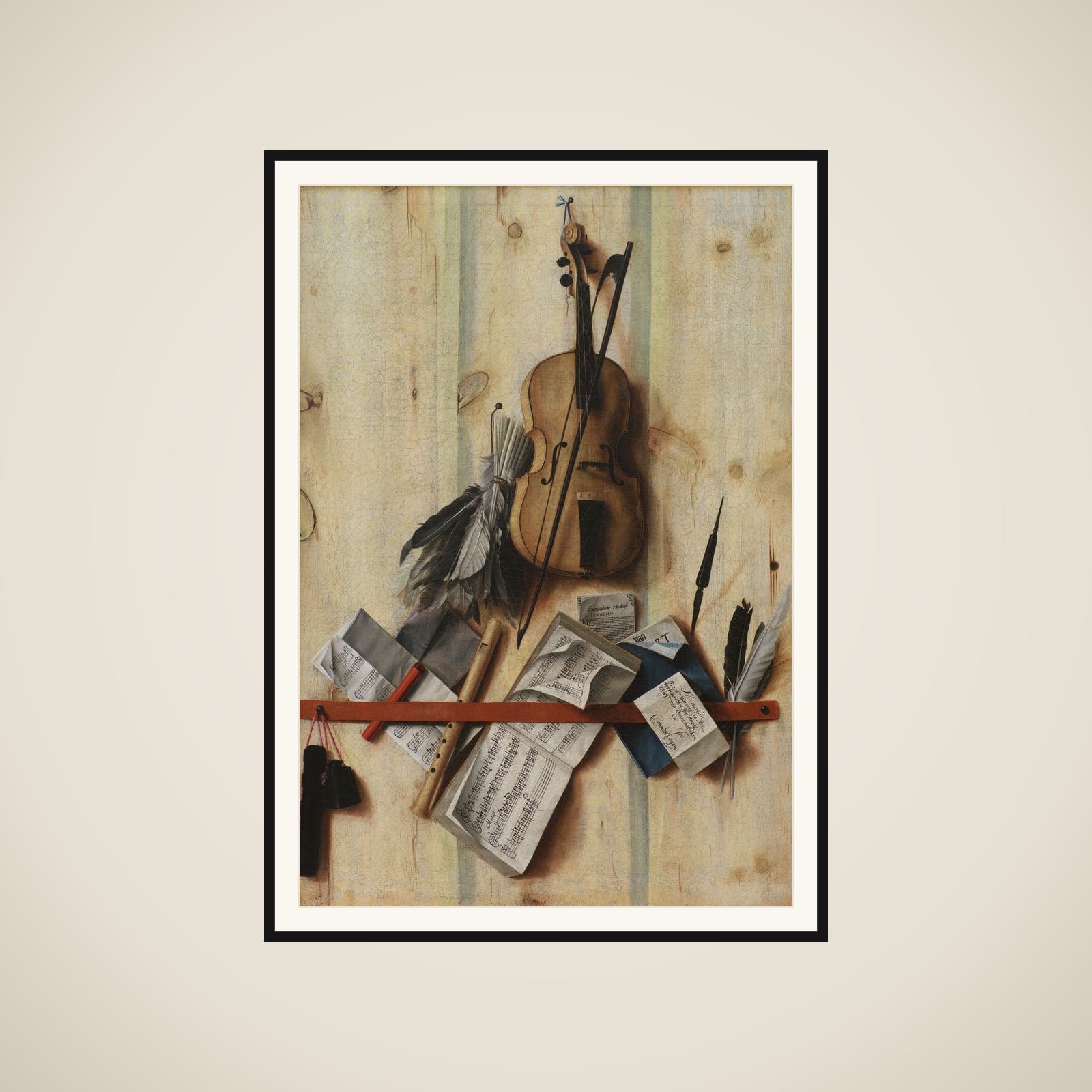 Trompe l'oeil med violin, nodehæfte og blokfløjte framed