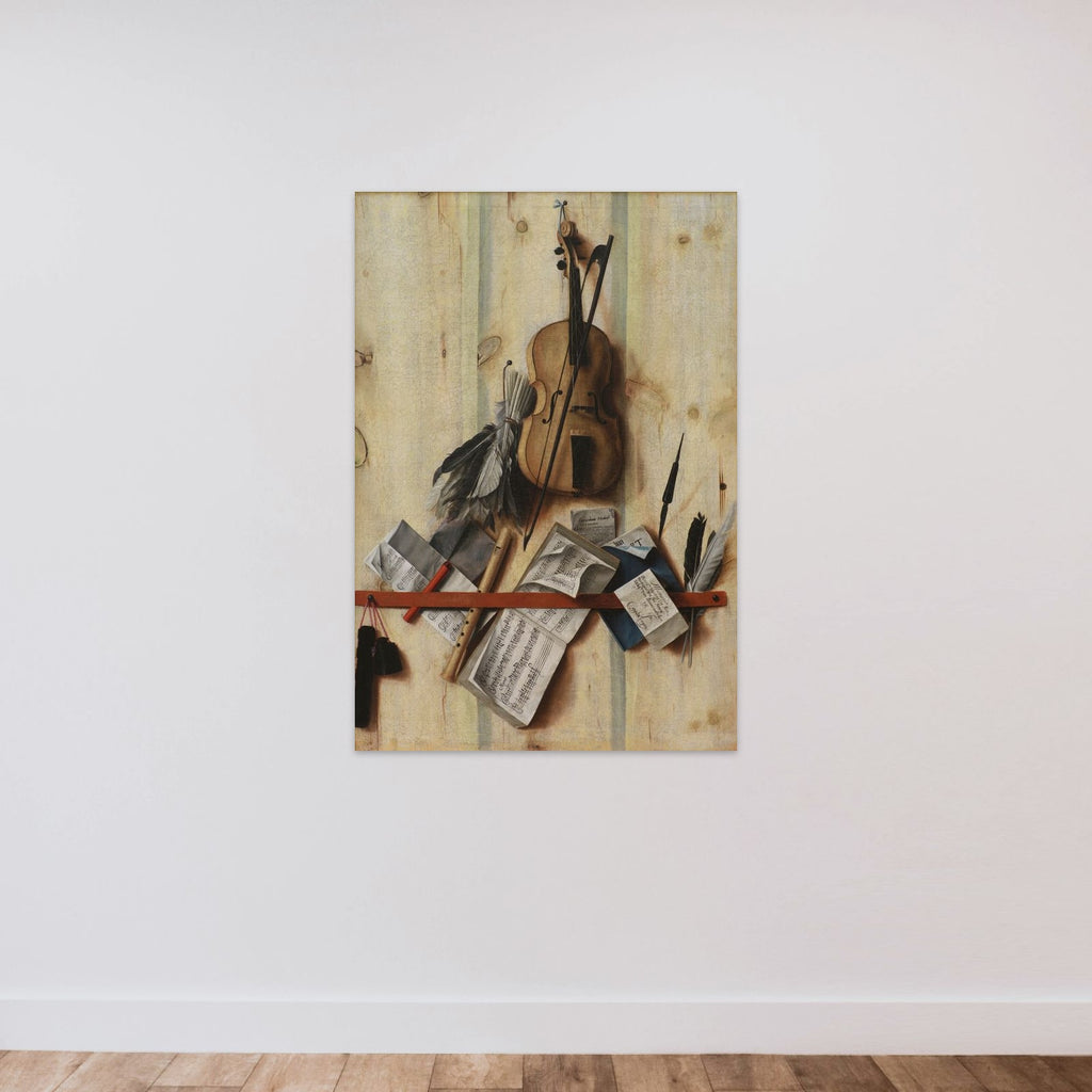 Trompe l'oeil med violin, nodehæfte og blokfløjte unframed — shown to scale