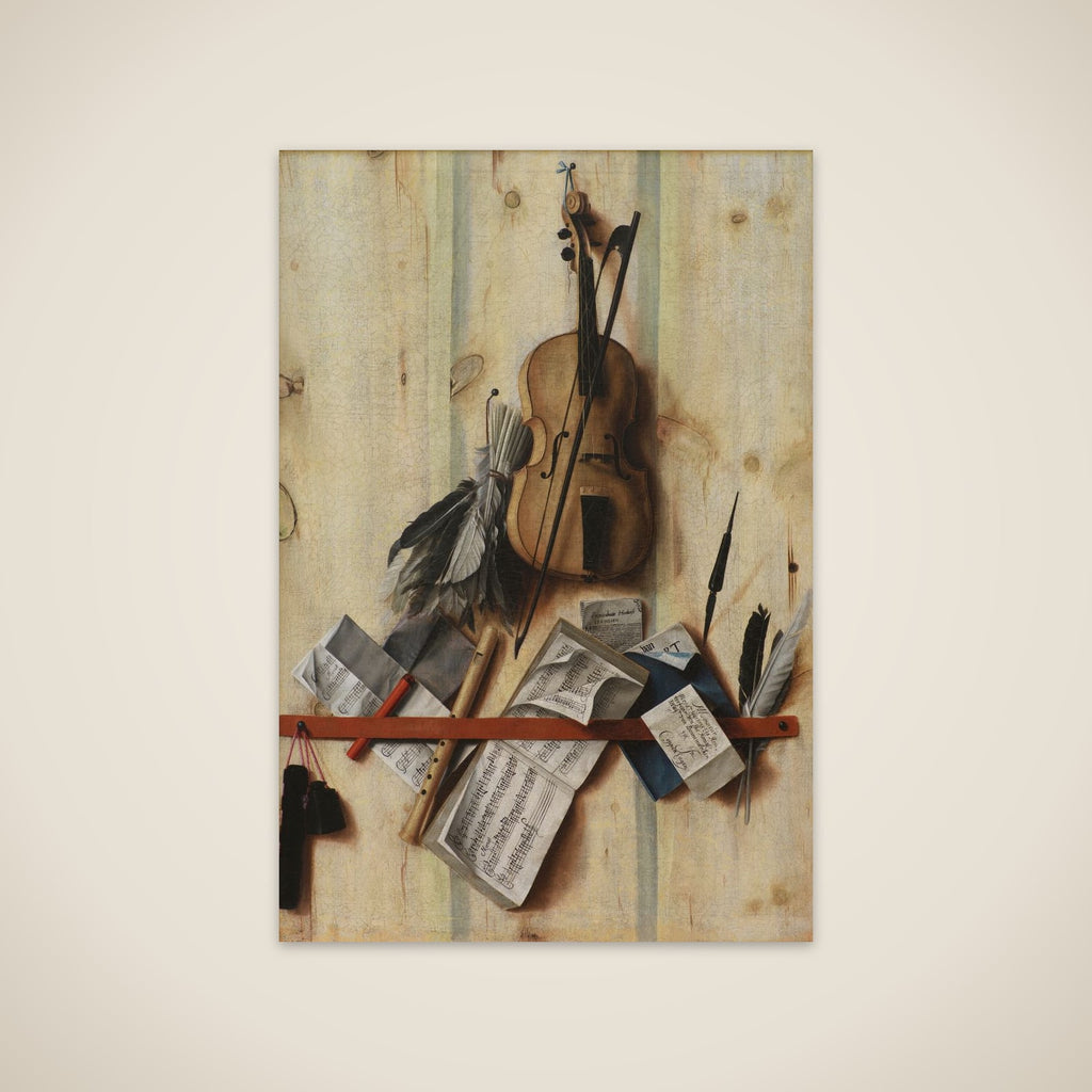 Trompe l'oeil med violin, nodehæfte og blokfløjte unframed print