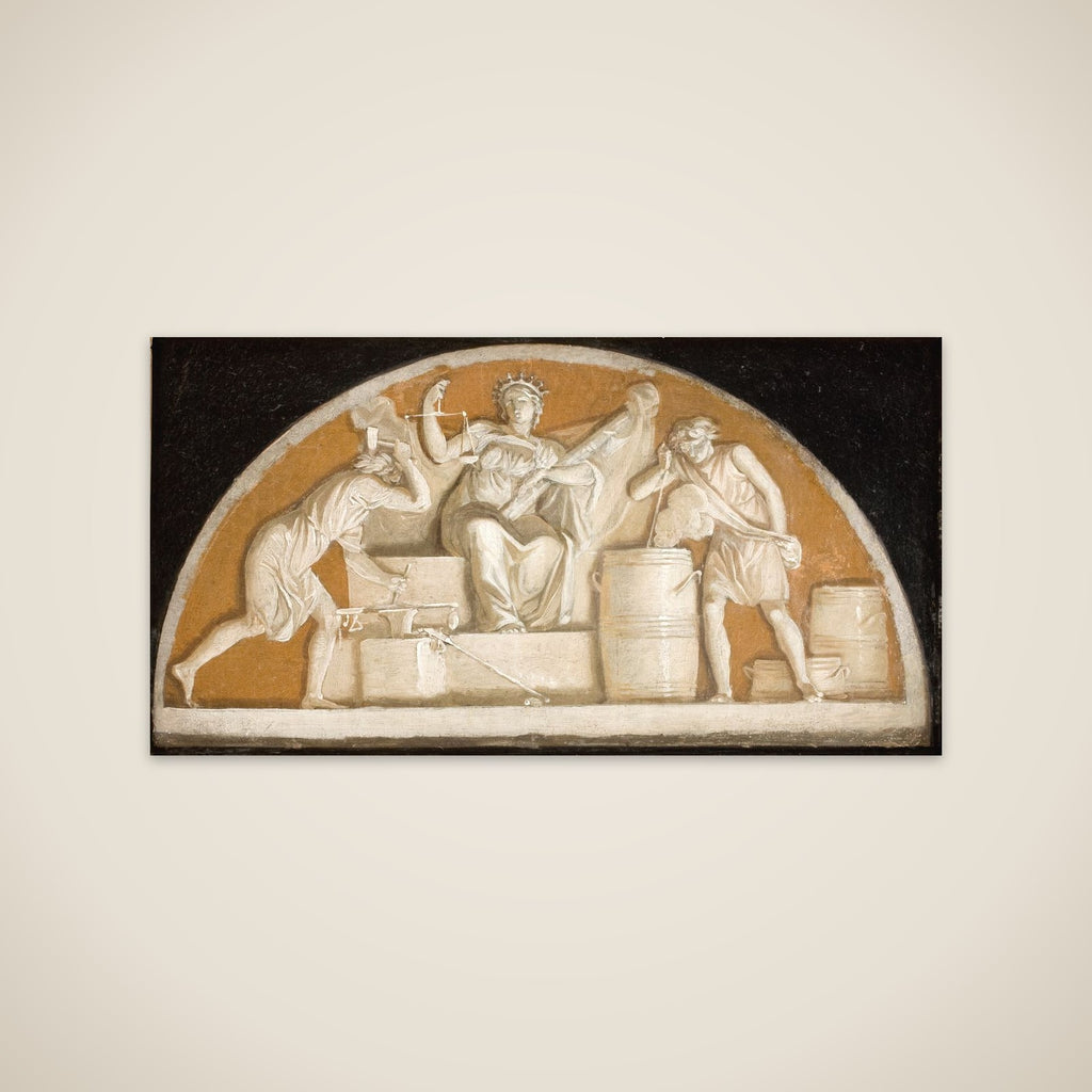 Indførelsen af mål og vægt under Ole Rømer i 1683. Allegori unframed print