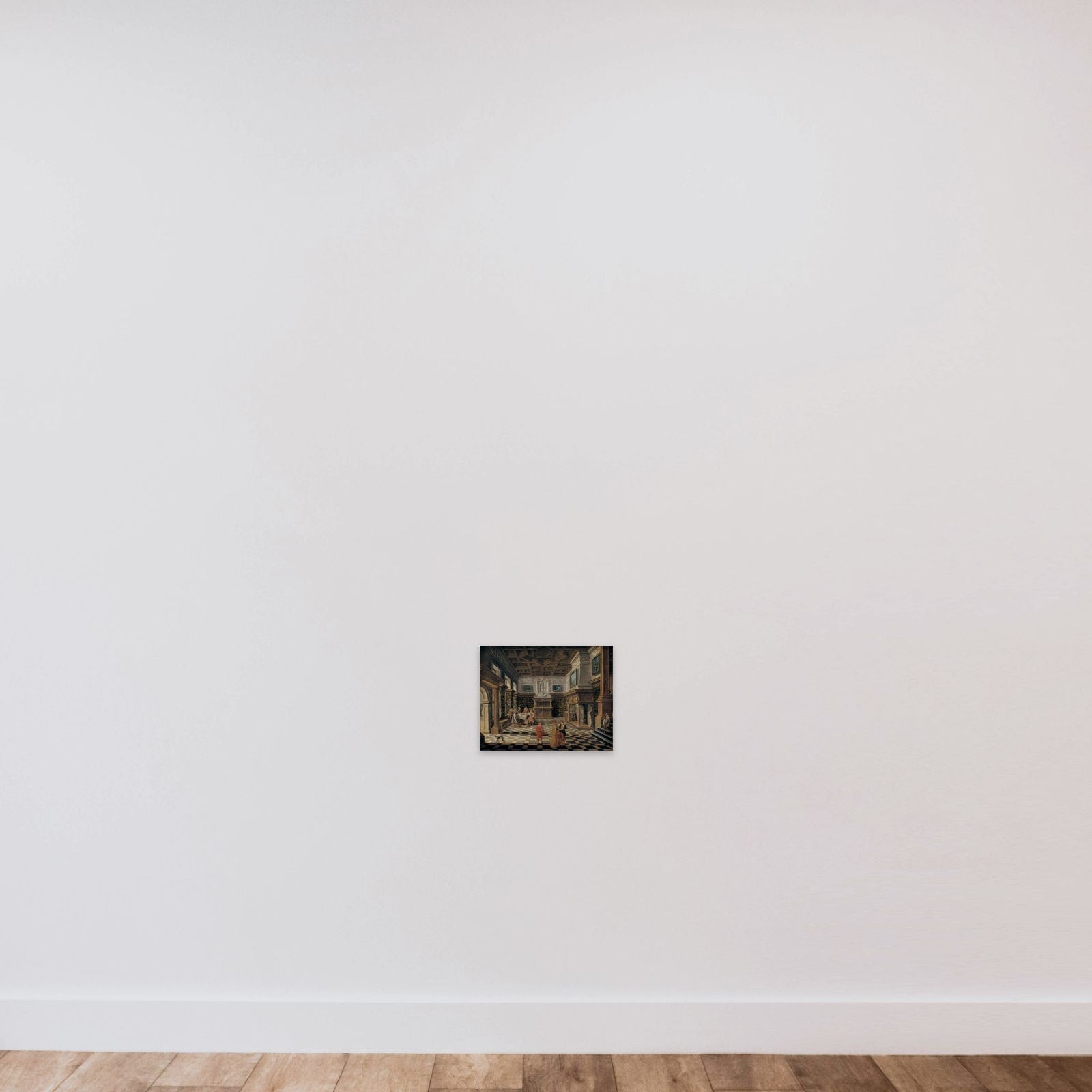 Renæssanceinteriør med et selskab ved et dækket bord unframed — shown to scale