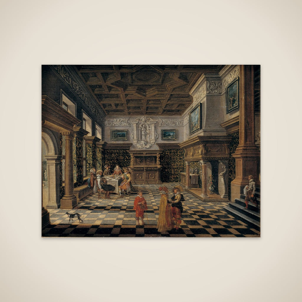 Renæssanceinteriør med et selskab ved et dækket bord unframed print