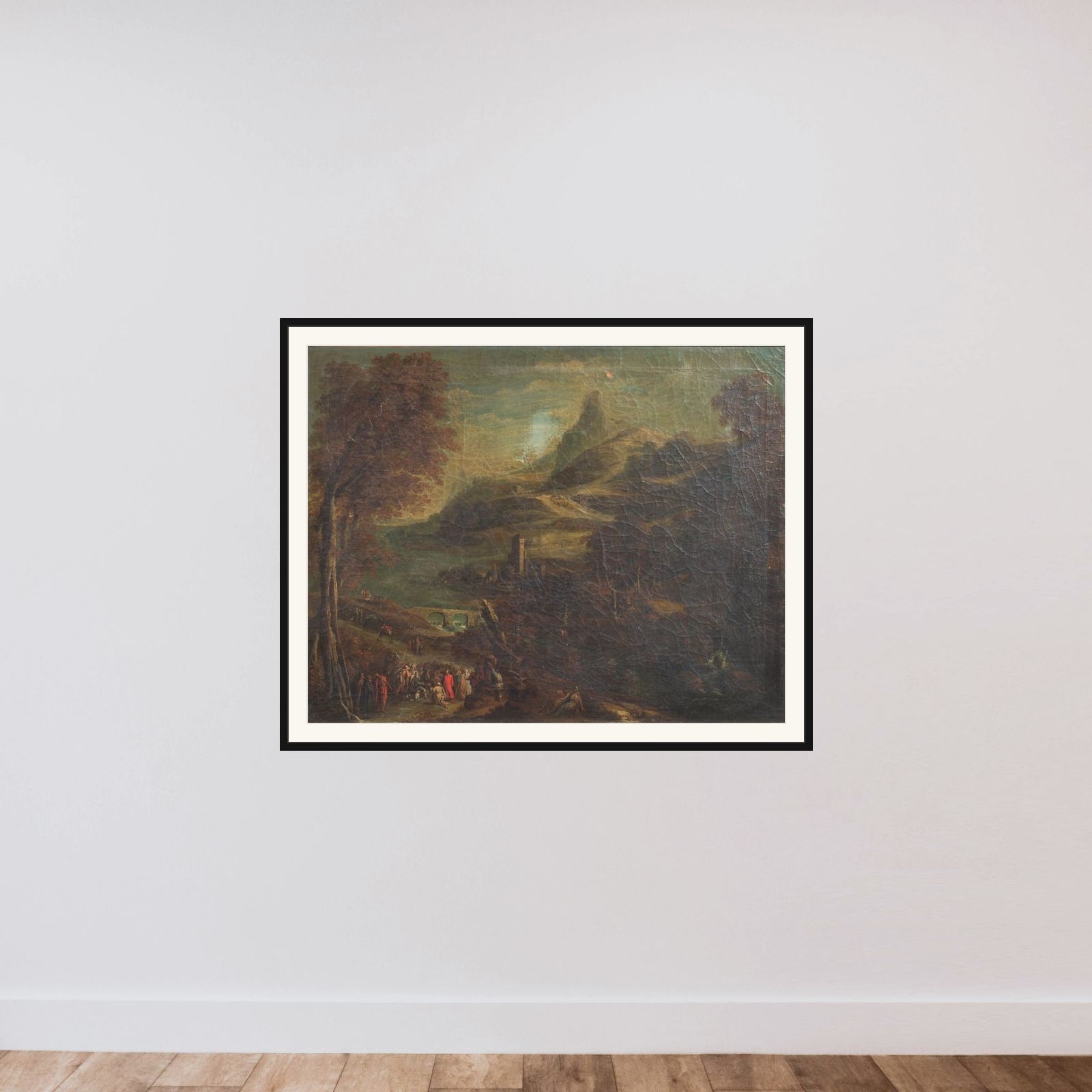 Landskab med bibelsk staffage framed — shown to scale