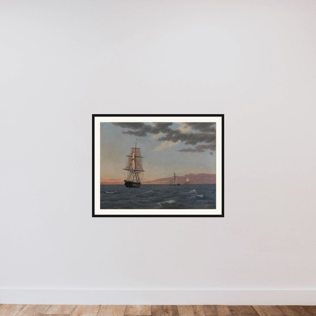 Korvetten "Galathea" ligger underdrejet for at sende hjælp til briggen "St. Jean" som er blevet påsejlet framed — shown to scale