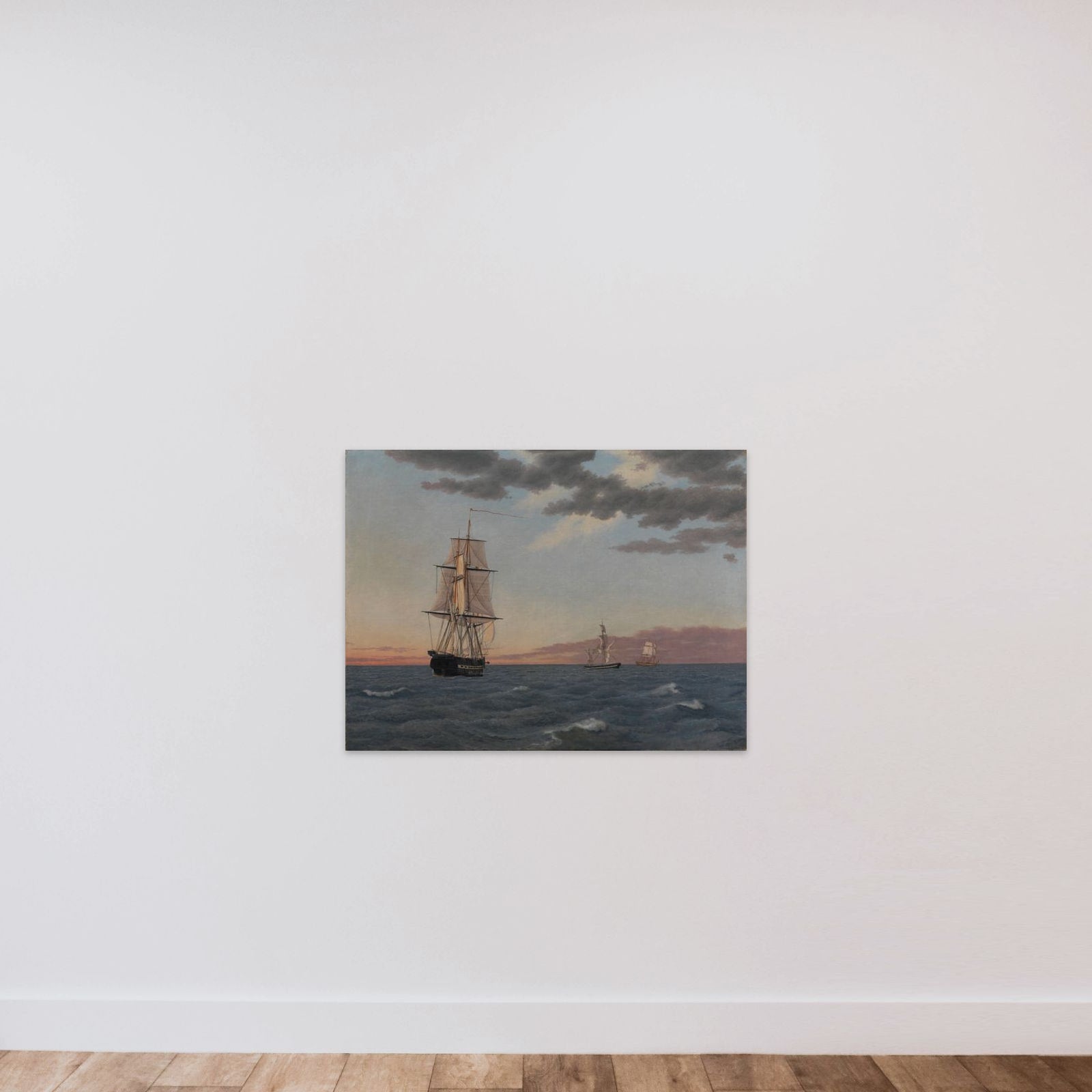 Korvetten "Galathea" ligger underdrejet for at sende hjælp til briggen "St. Jean" som er blevet påsejlet unframed — shown to scale