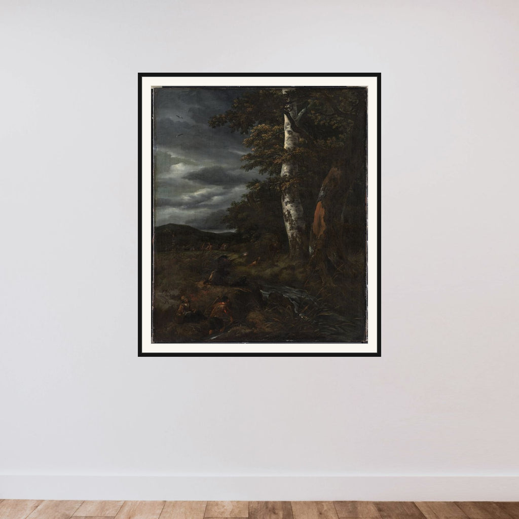 Landskab med jagtscene framed — shown to scale