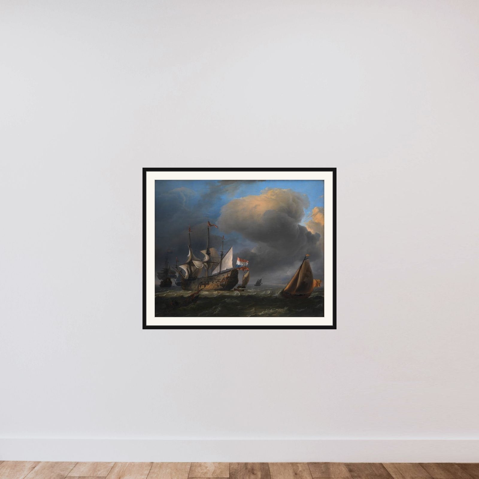 Marine med hollandske krigsskibe og fiskerbåde framed — shown to scale