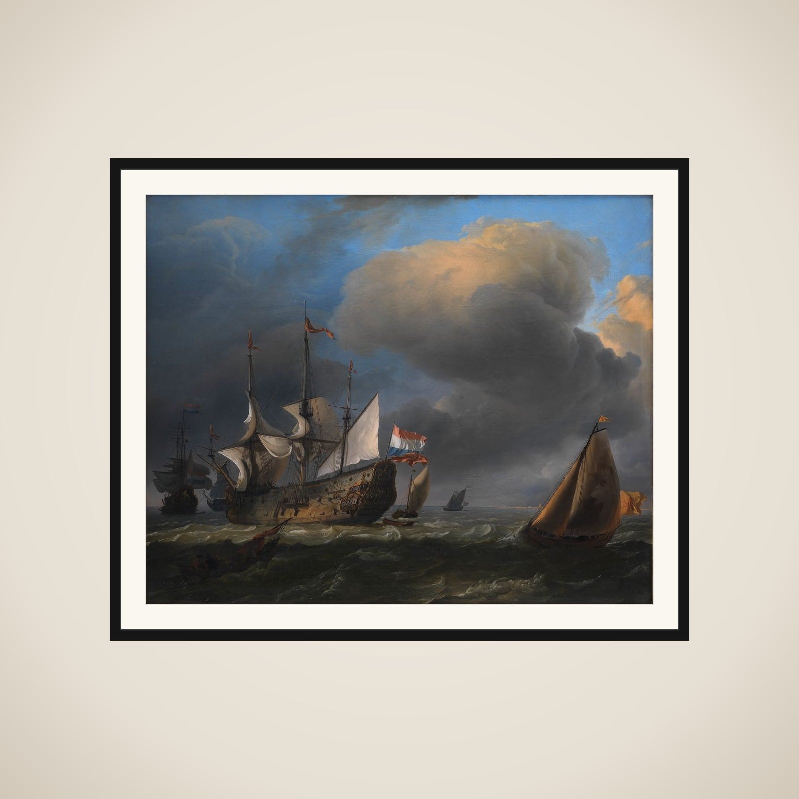 Marine med hollandske krigsskibe og fiskerbåde framed