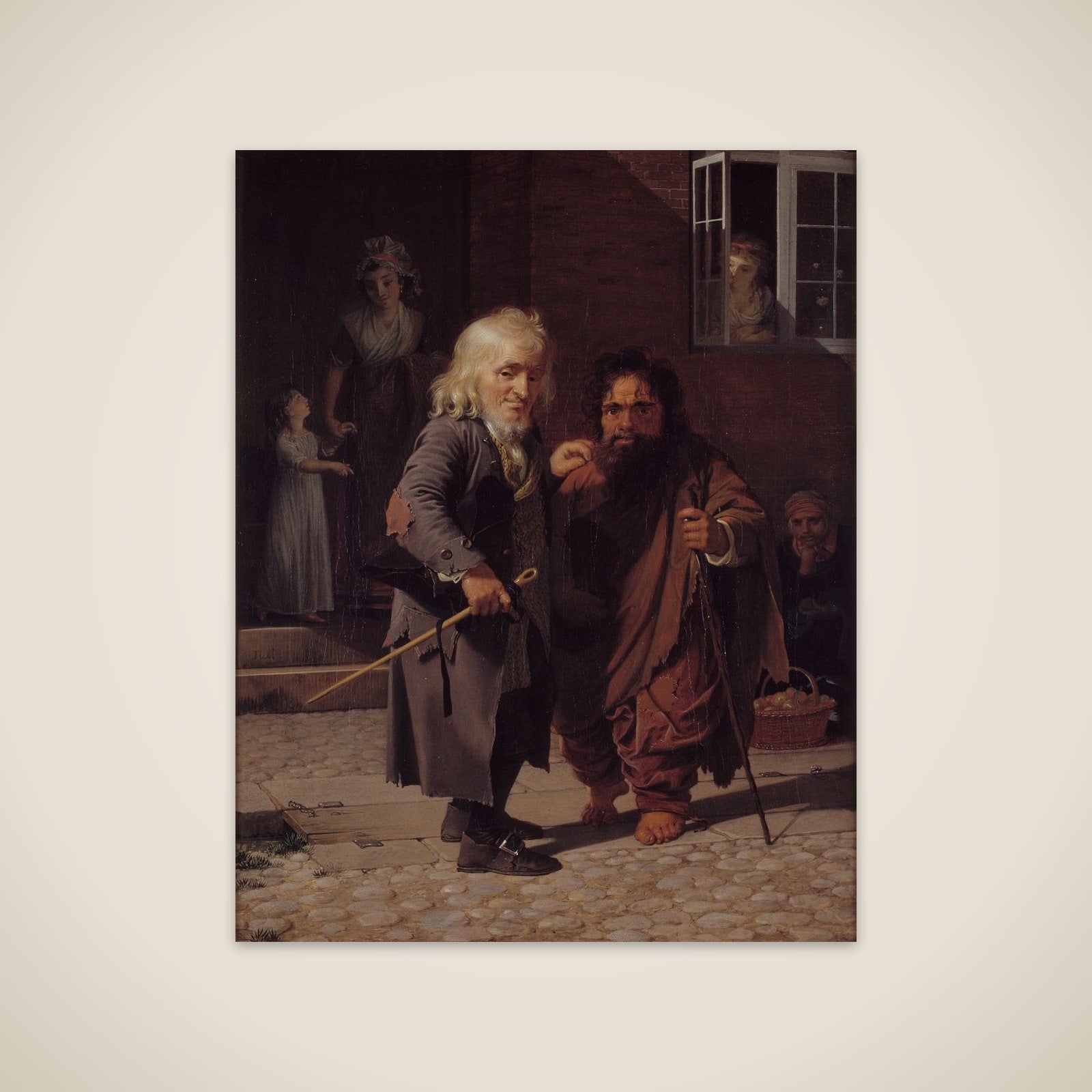 Piskebåndsjøden Obligeert, stillet sammen med den romerske dværg Bajocco på en af Københavns gader unframed print