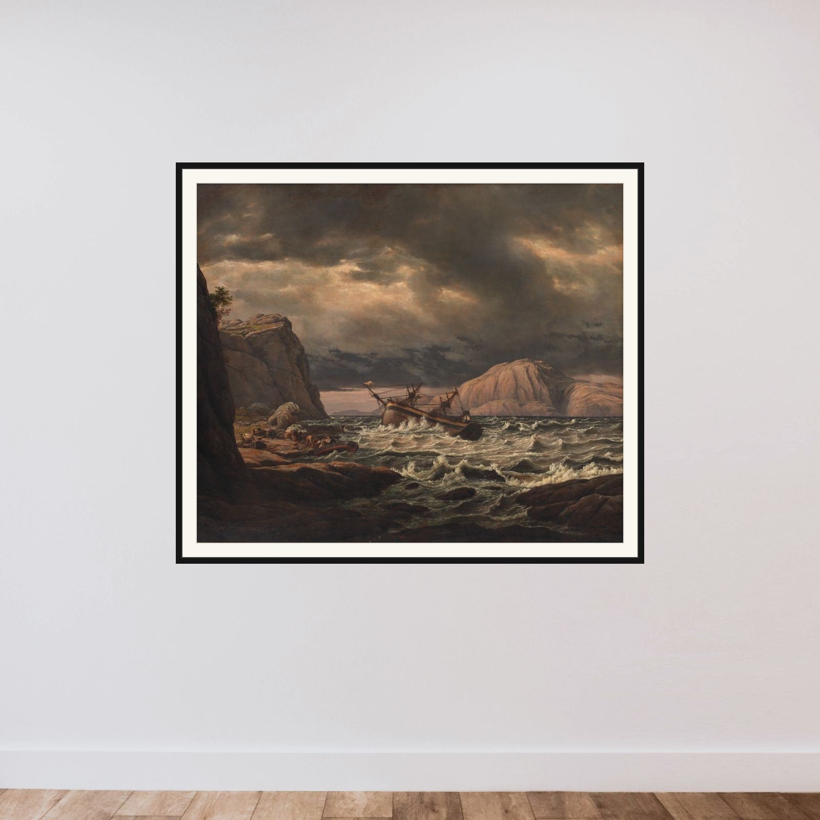 Et skibbrud ved den norske kyst framed — shown to scale