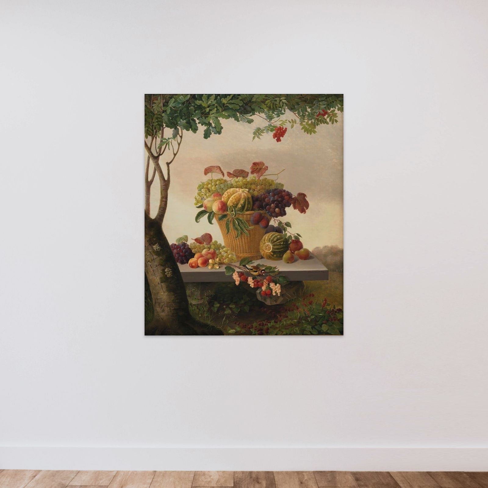 En kurv med frugter i et landskab unframed — shown to scale