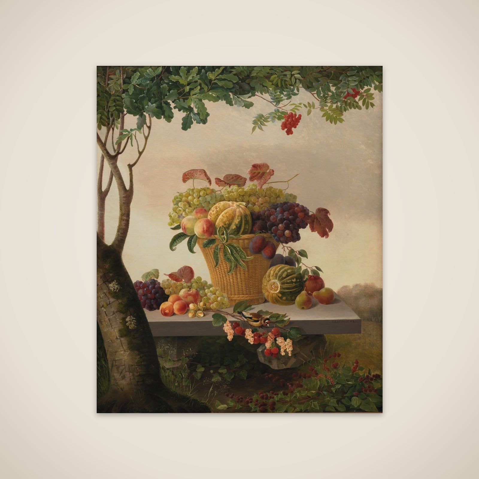 En kurv med frugter i et landskab unframed print