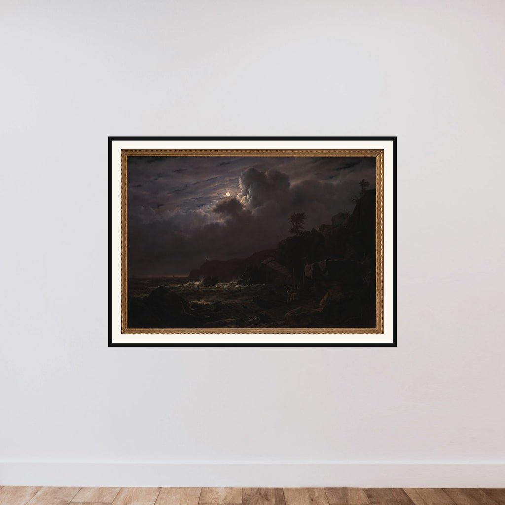 Parti af Kullen. Nogle smuglere skjuler deres varer mellem klipperne. Måneskin framed — shown to scale