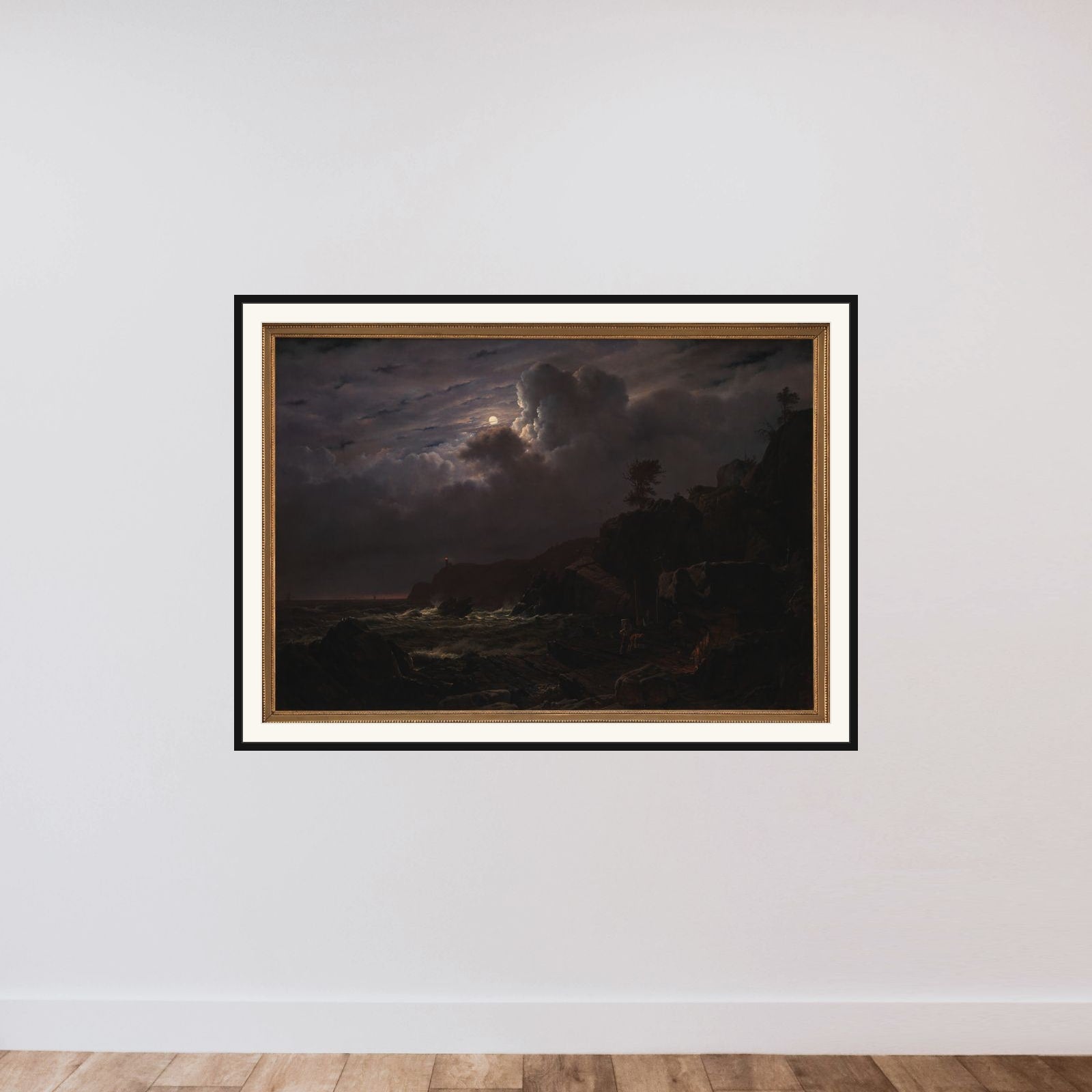 Parti af Kullen. Nogle smuglere skjuler deres varer mellem klipperne. Måneskin framed — shown to scale