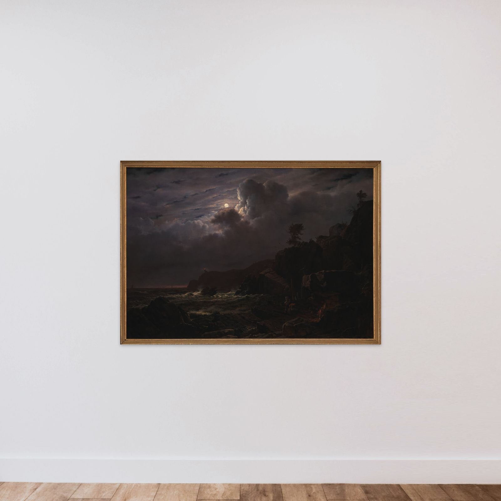 Parti af Kullen. Nogle smuglere skjuler deres varer mellem klipperne. Måneskin unframed — shown to scale