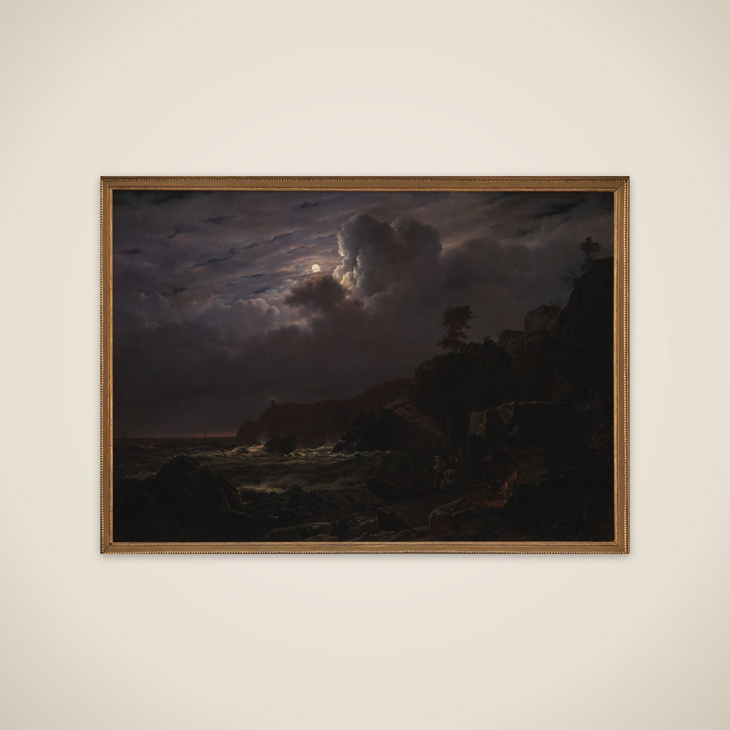 Parti af Kullen. Nogle smuglere skjuler deres varer mellem klipperne. Måneskin unframed print