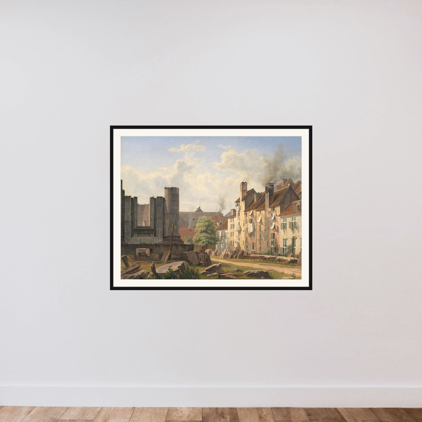 Parti af Marmorpladsen med ruinerne af den ufuldførte Frederikskirke framed — shown to scale