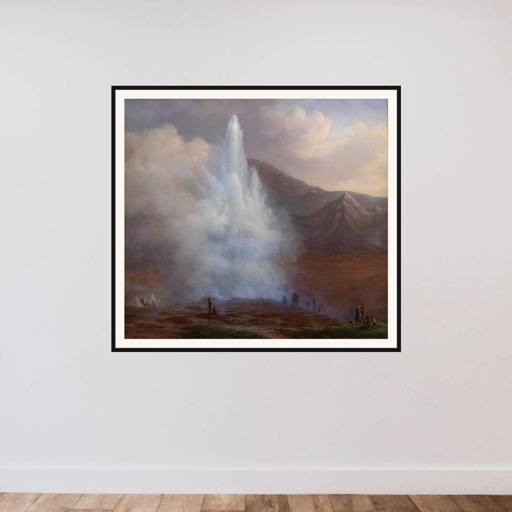 Store Geysir på Island under eruptionen i året 1834 framed — shown to scale