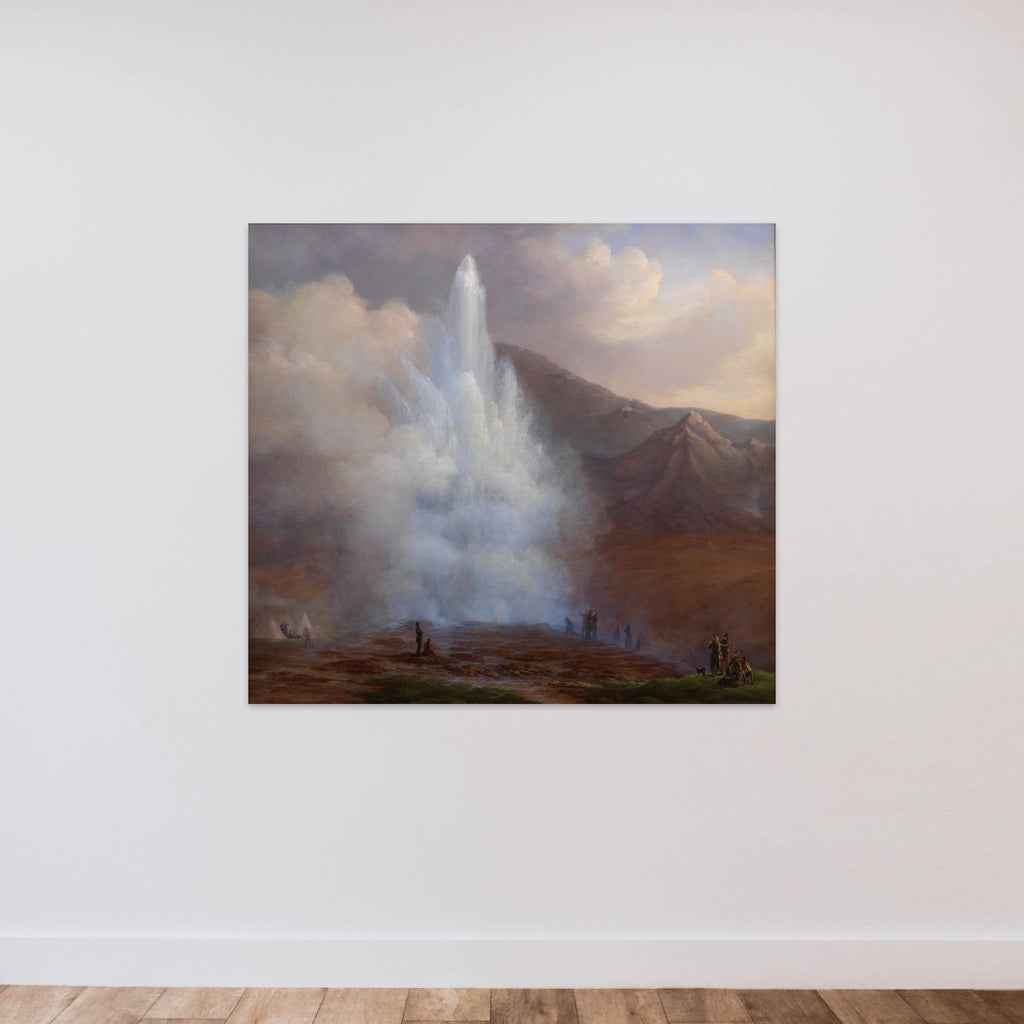 Store Geysir på Island under eruptionen i året 1834 unframed — shown to scale