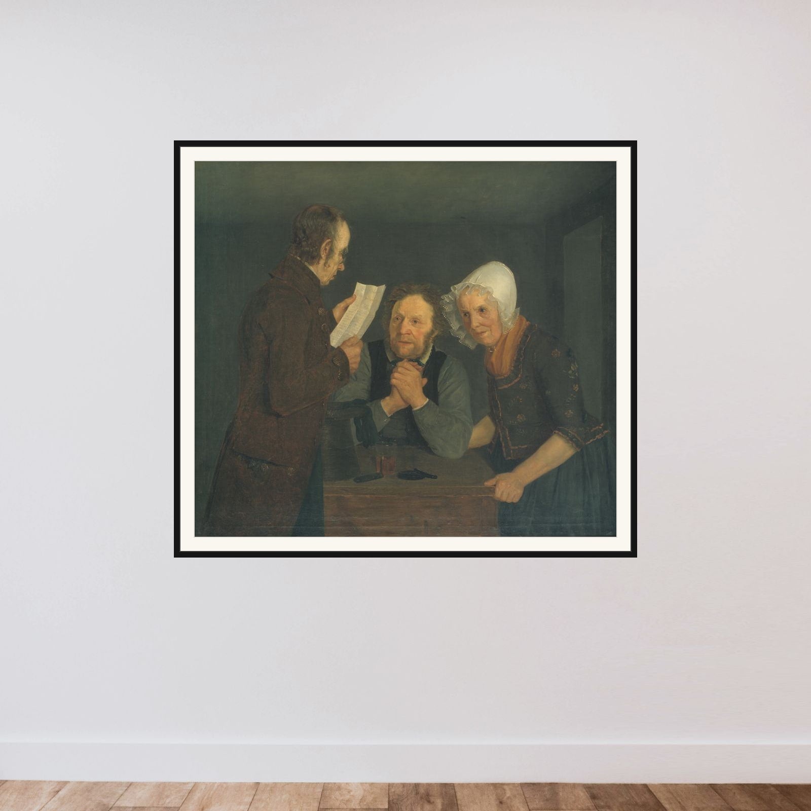 En skolemester læser et brev op for et par gamle folk fra deres søn i udlandet framed — shown to scale