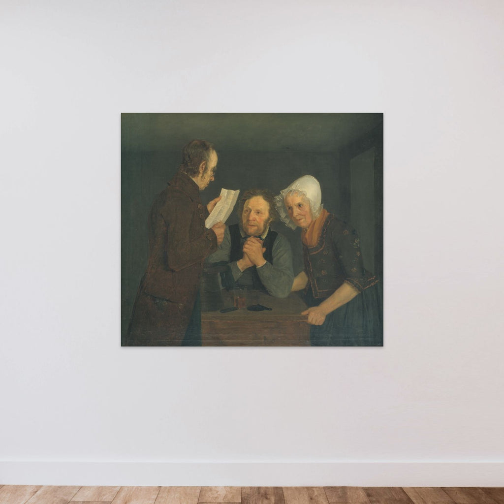 En skolemester læser et brev op for et par gamle folk fra deres søn i udlandet unframed — shown to scale