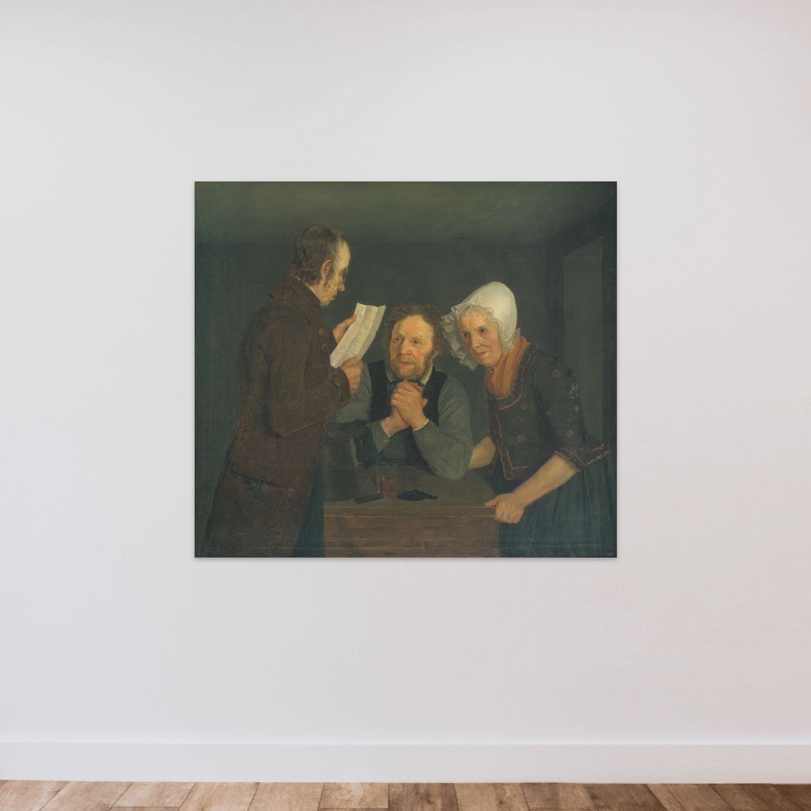 En skolemester læser et brev op for et par gamle folk fra deres søn i udlandet unframed — shown to scale