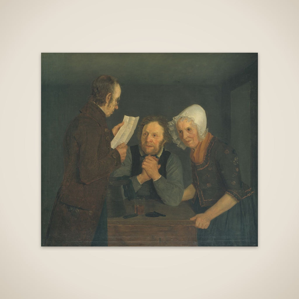 En skolemester læser et brev op for et par gamle folk fra deres søn i udlandet unframed print