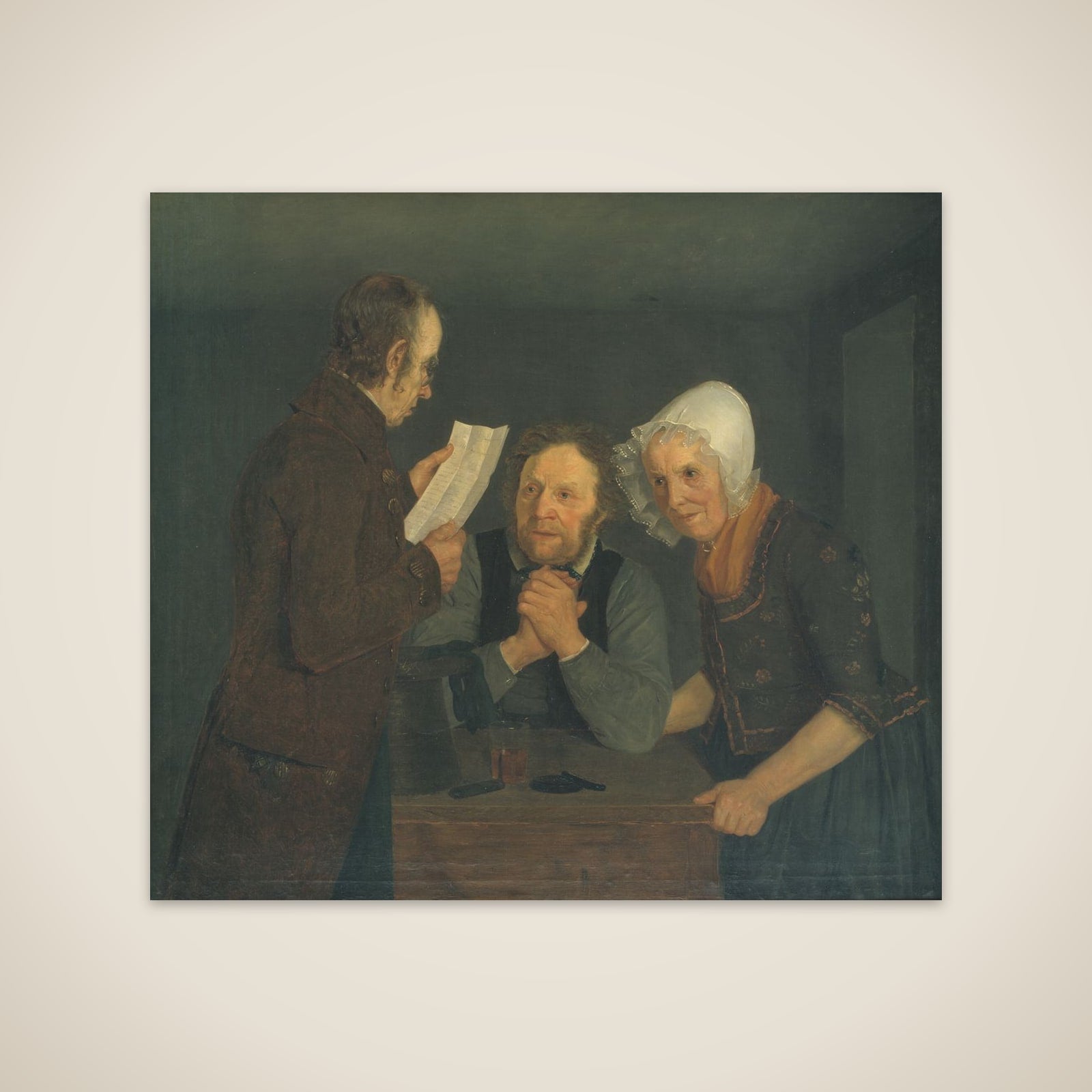 En skolemester læser et brev op for et par gamle folk fra deres søn i udlandet unframed print