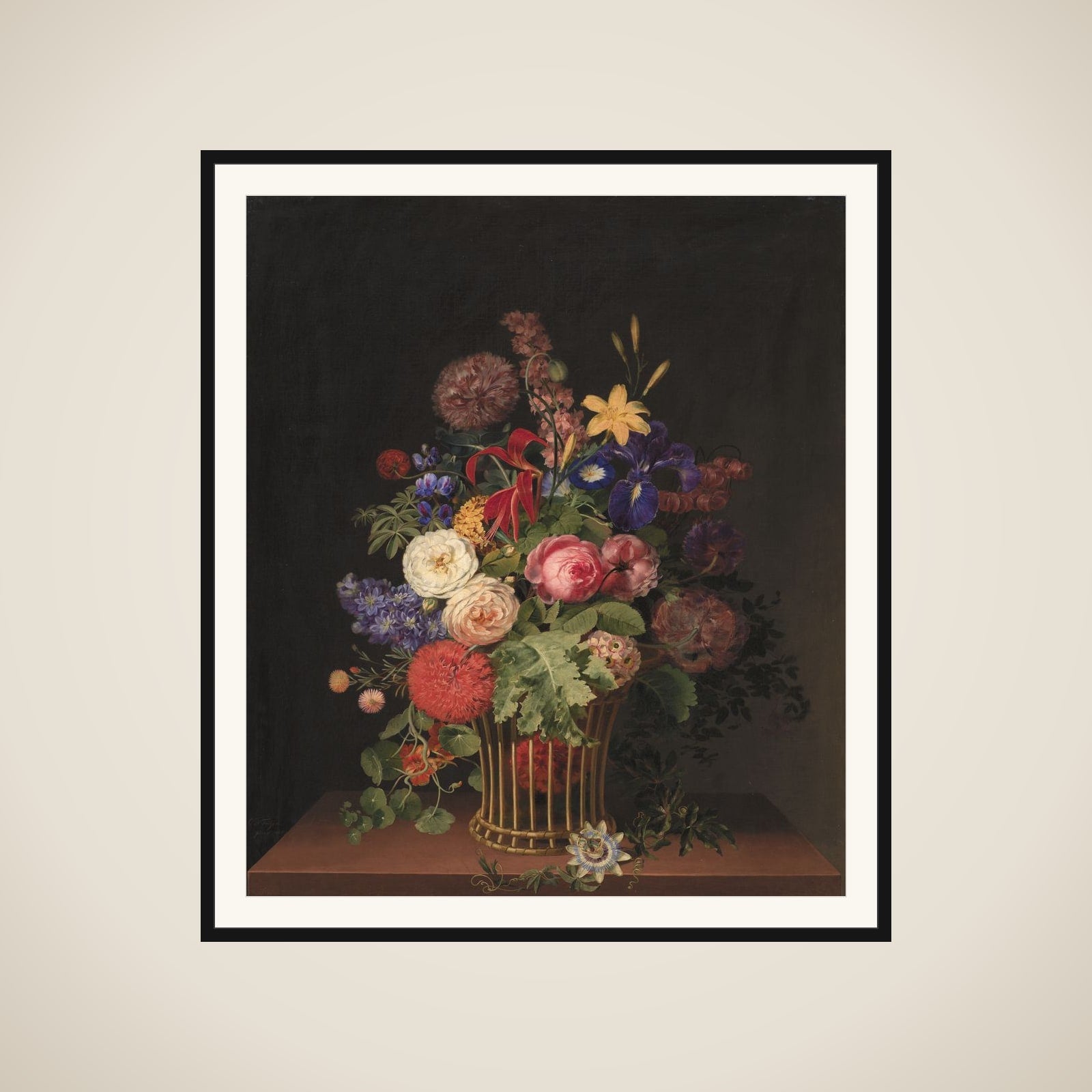 En let rørkurv med blomster framed