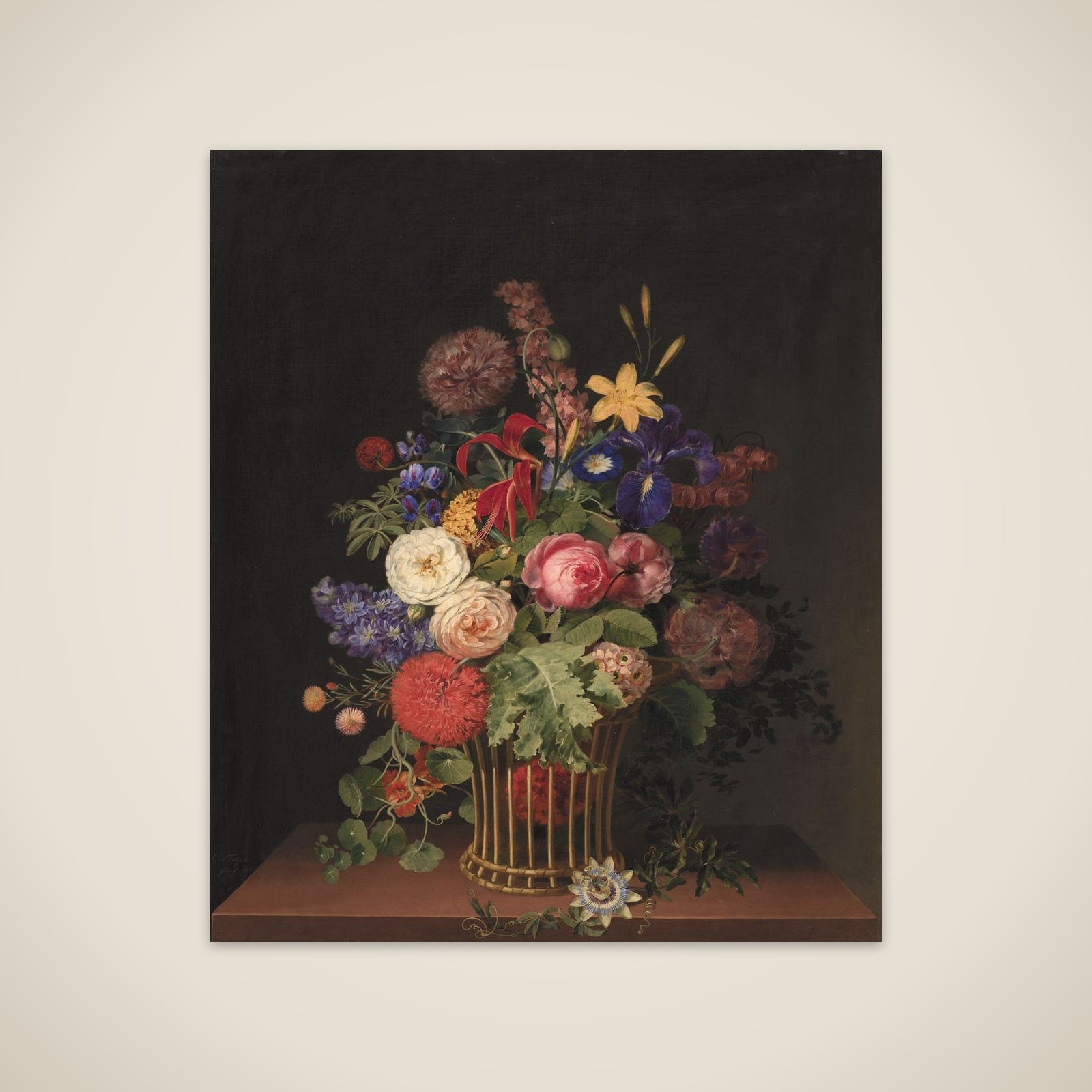 En let rørkurv med blomster unframed print