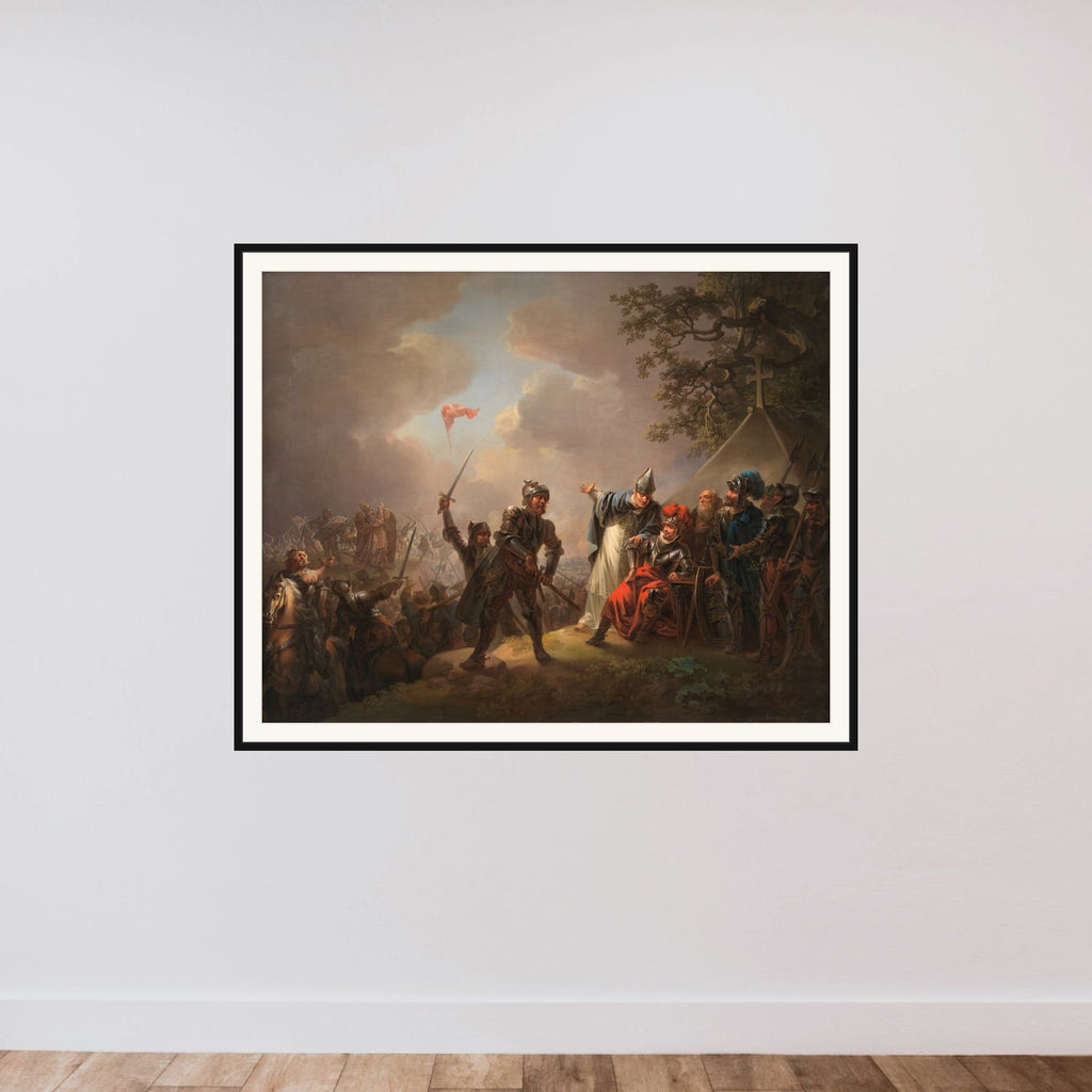 Dannebrog falder ned fra himlen under Volmerslaget ved Lyndanisse (Tallin) i Estland den 15. juni 1219 framed — shown to scale