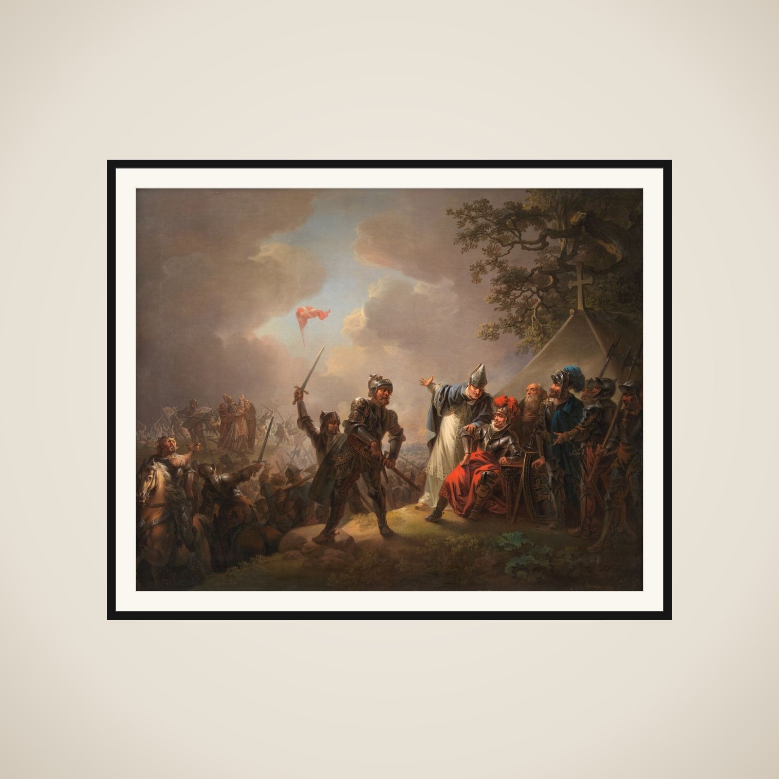 Dannebrog falder ned fra himlen under Volmerslaget ved Lyndanisse (Tallin) i Estland den 15. juni 1219 framed