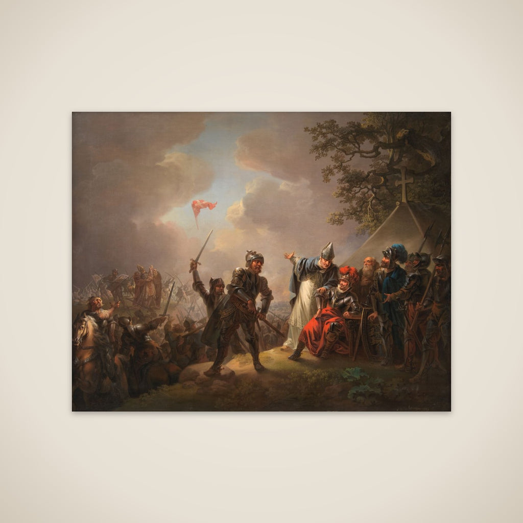 Dannebrog falder ned fra himlen under Volmerslaget ved Lyndanisse (Tallin) i Estland den 15. juni 1219 unframed print