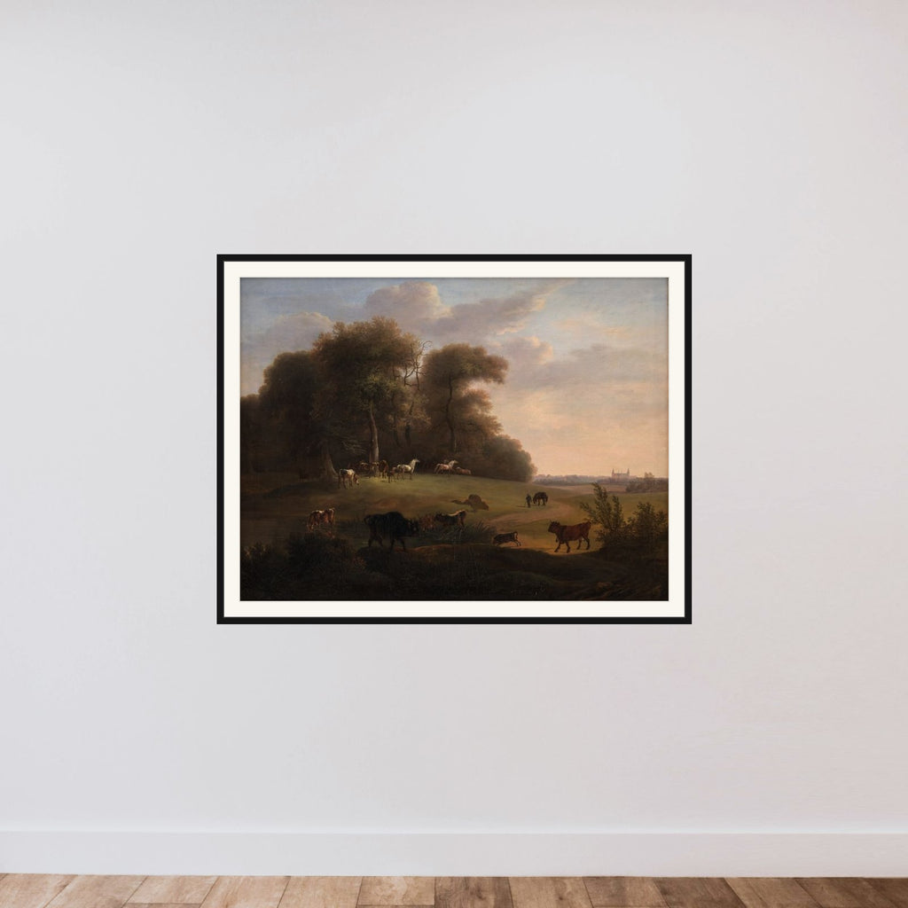 Keld Skov ved Frederiksborg med en del af det kongelige stutteri. I forgrunden schweizer- og tyrolerkvæg framed — shown to scale