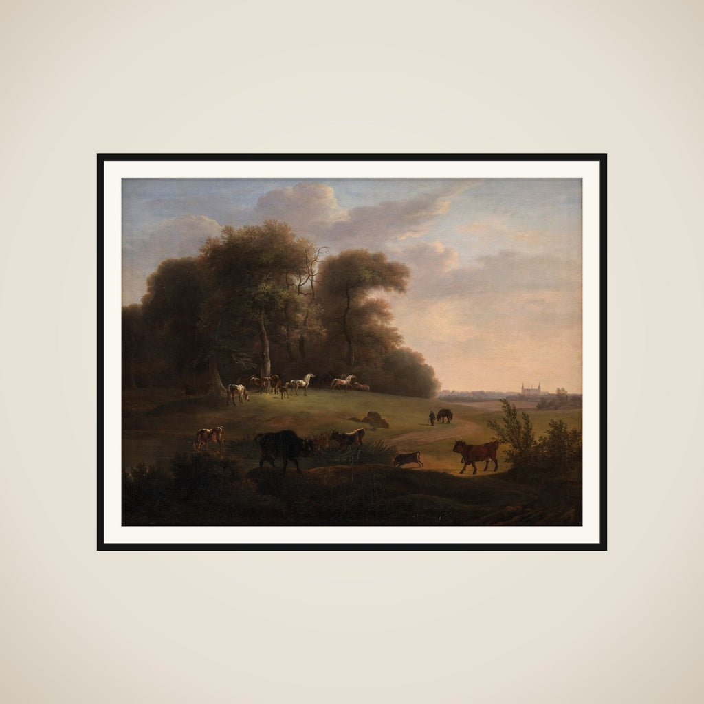 Keld Skov ved Frederiksborg med en del af det kongelige stutteri. I forgrunden schweizer- og tyrolerkvæg framed