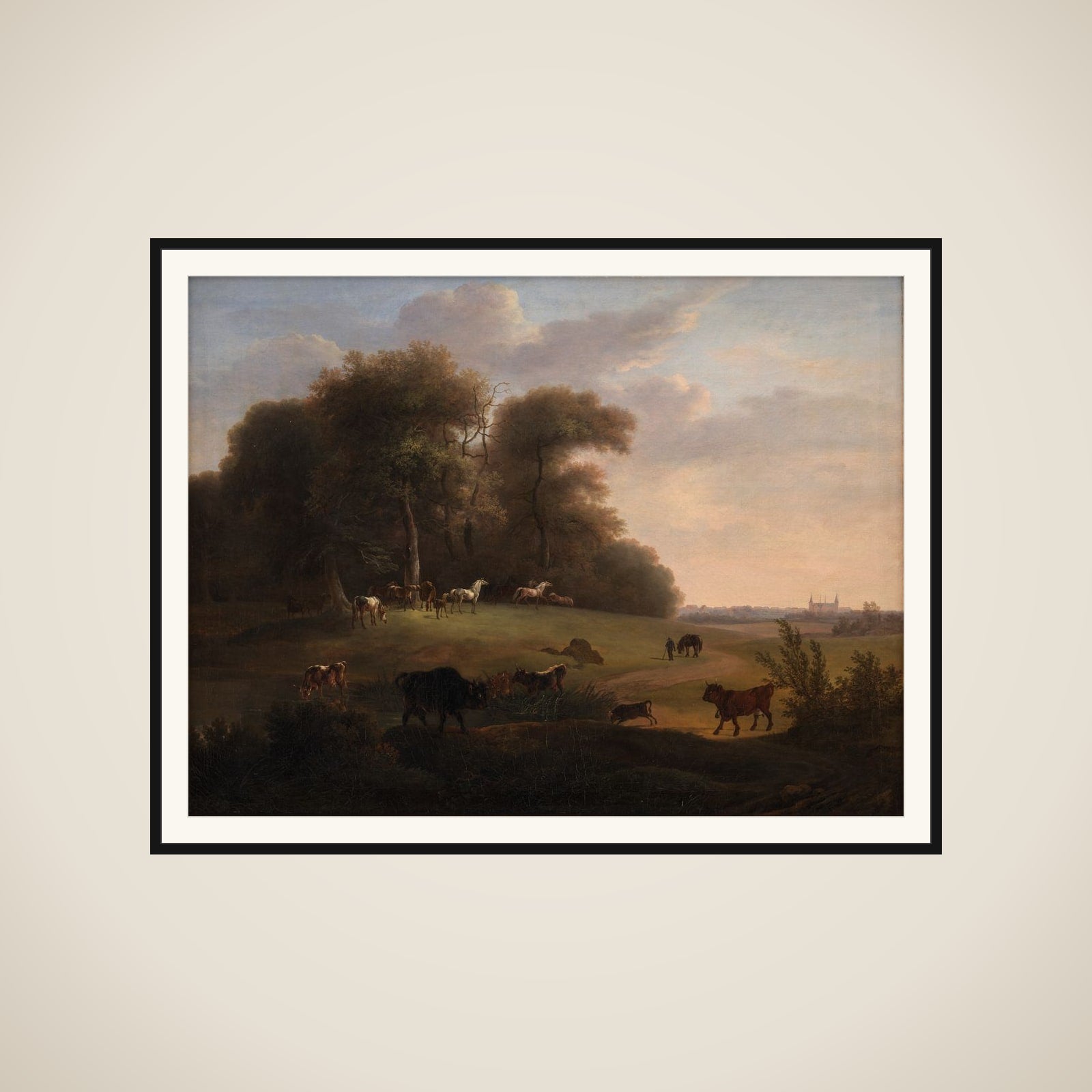 Keld Skov ved Frederiksborg med en del af det kongelige stutteri. I forgrunden schweizer- og tyrolerkvæg framed