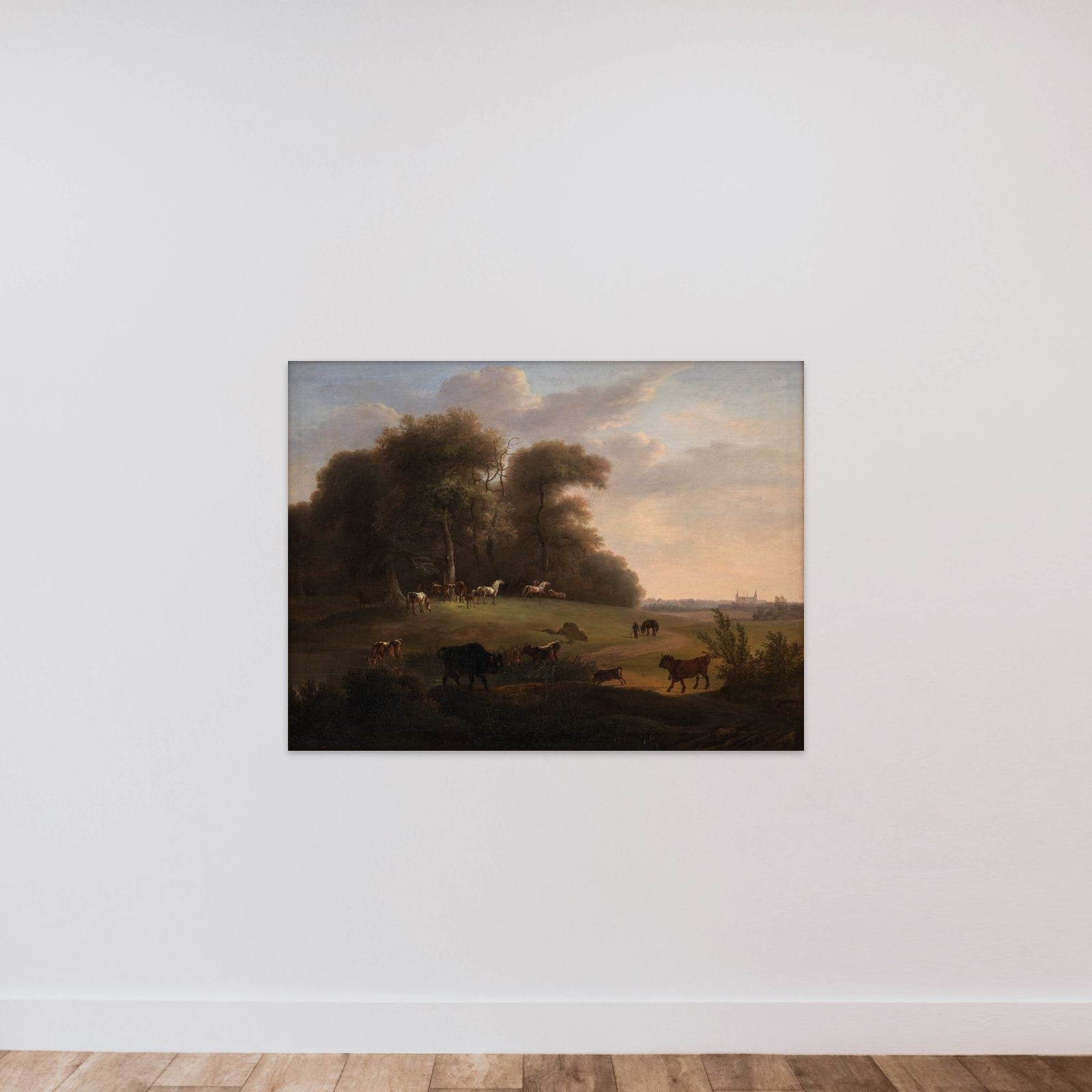 Keld Skov ved Frederiksborg med en del af det kongelige stutteri. I forgrunden schweizer- og tyrolerkvæg unframed — shown to scale