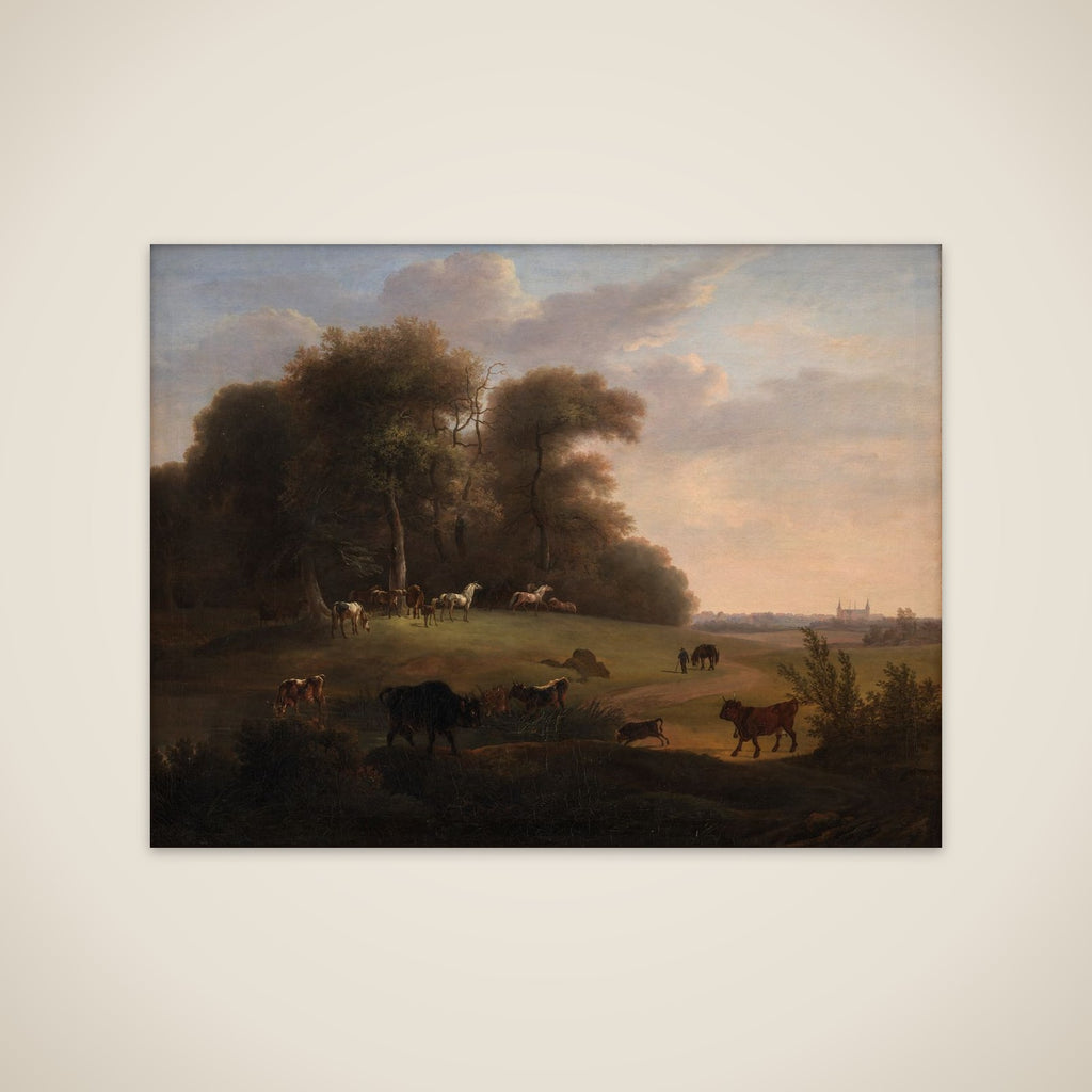 Keld Skov ved Frederiksborg med en del af det kongelige stutteri. I forgrunden schweizer- og tyrolerkvæg unframed print