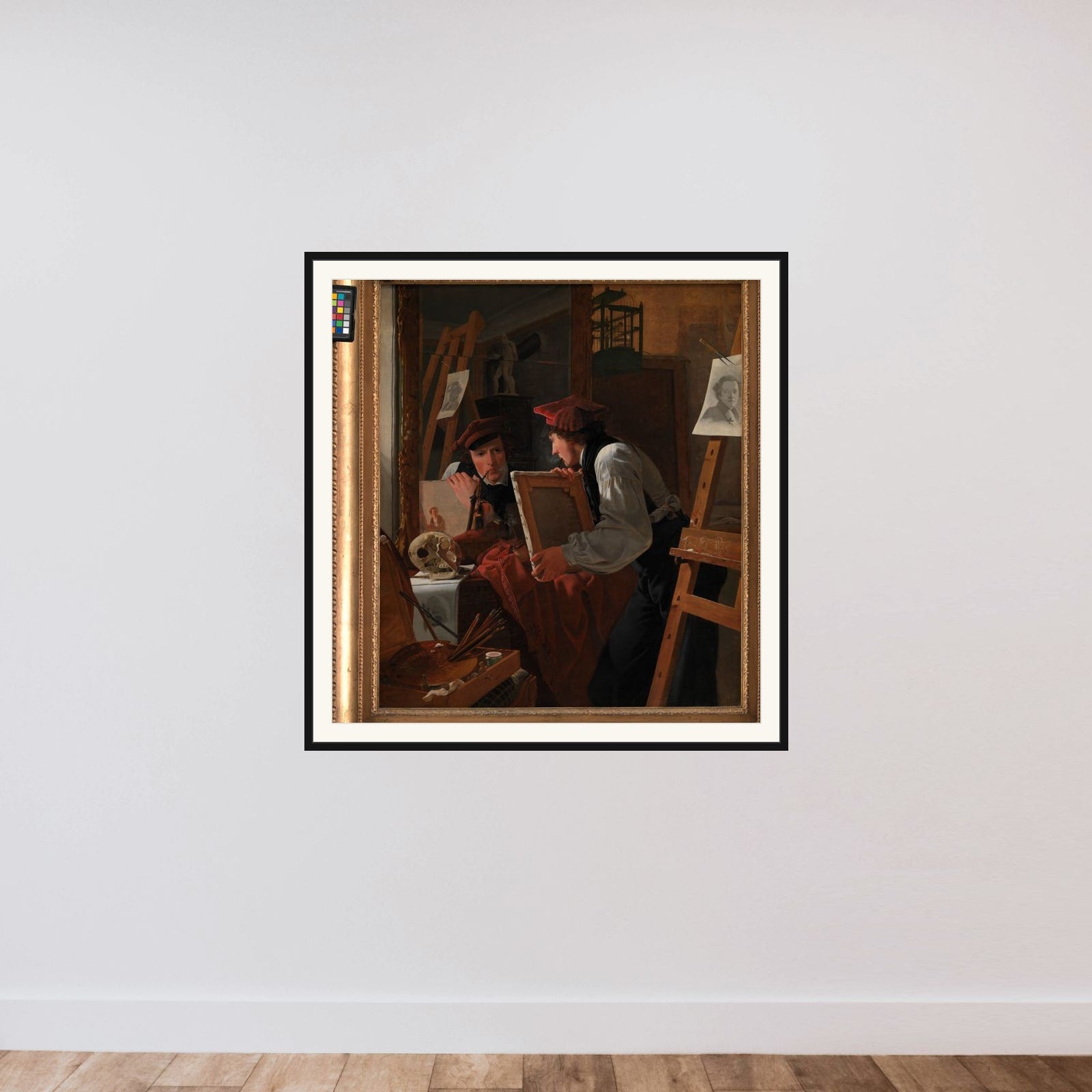 En ung kunstner (Ditlev Blunck) betragter en skitse i et spejl framed — shown to scale