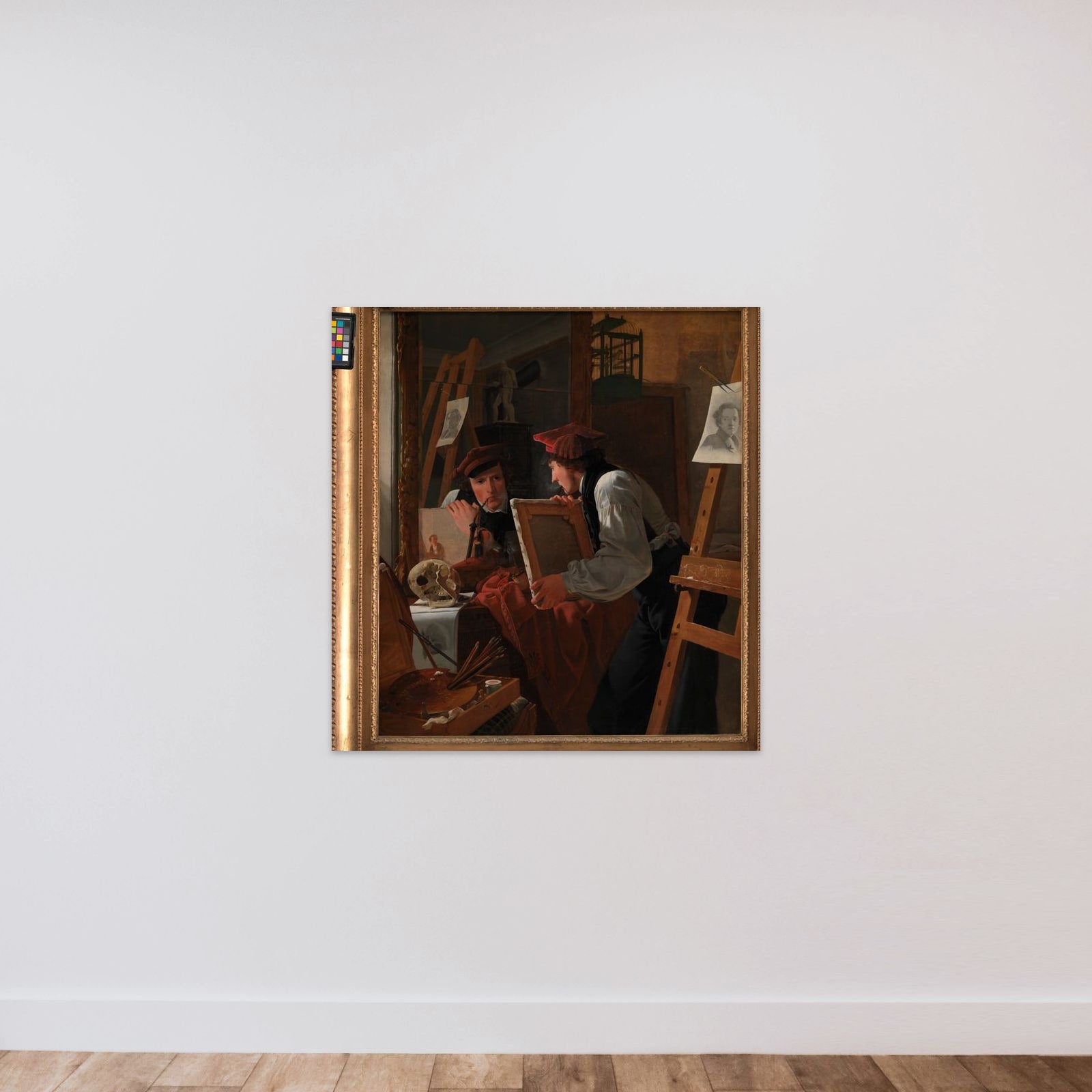 En ung kunstner (Ditlev Blunck) betragter en skitse i et spejl unframed — shown to scale