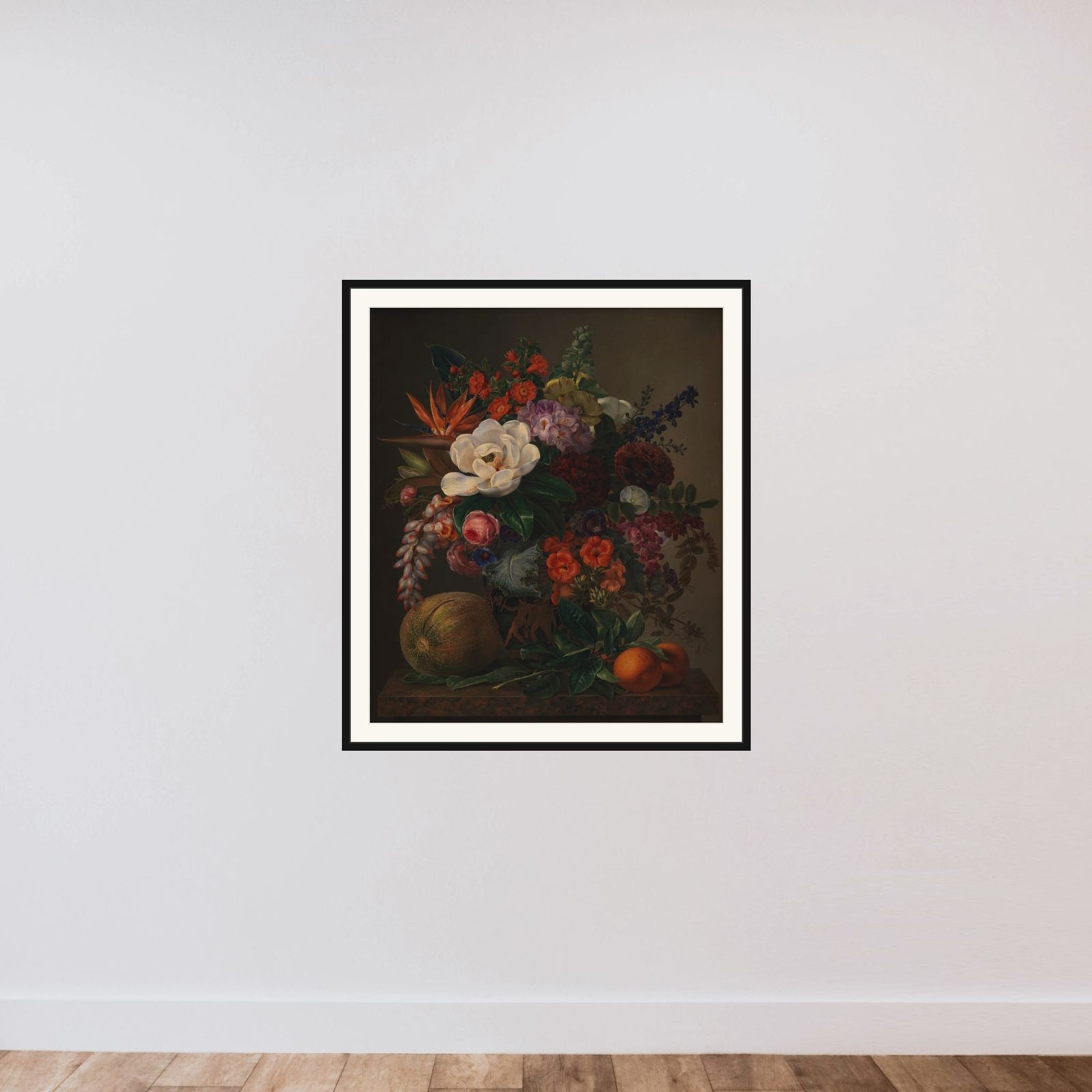 En vase med blomster framed — shown to scale