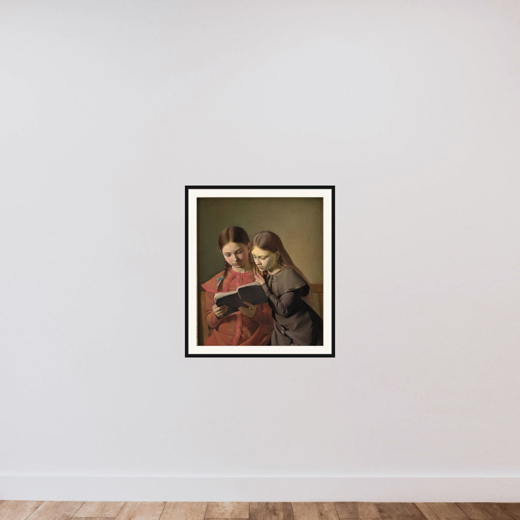 Kunstnerens søstre Signe og Henriette læsende i en bog framed — shown to scale