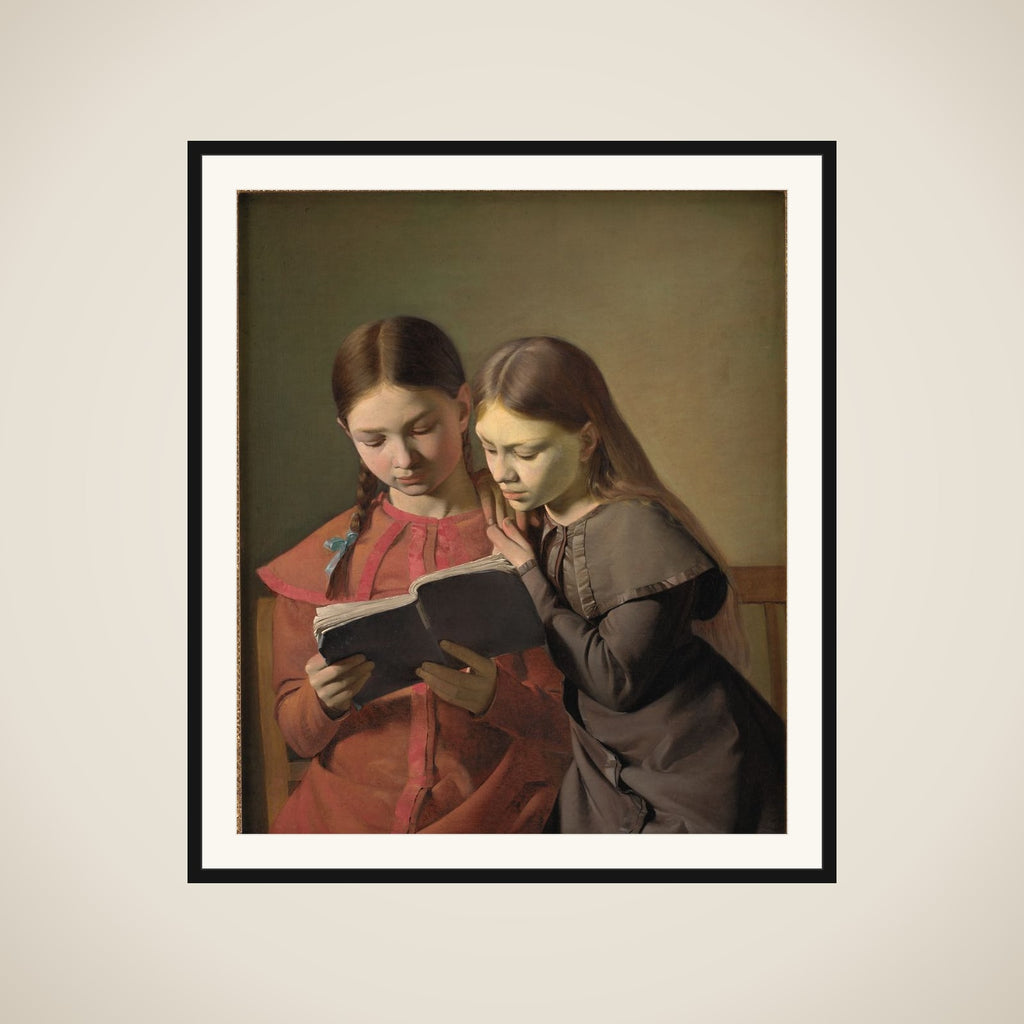 Kunstnerens søstre Signe og Henriette læsende i en bog framed