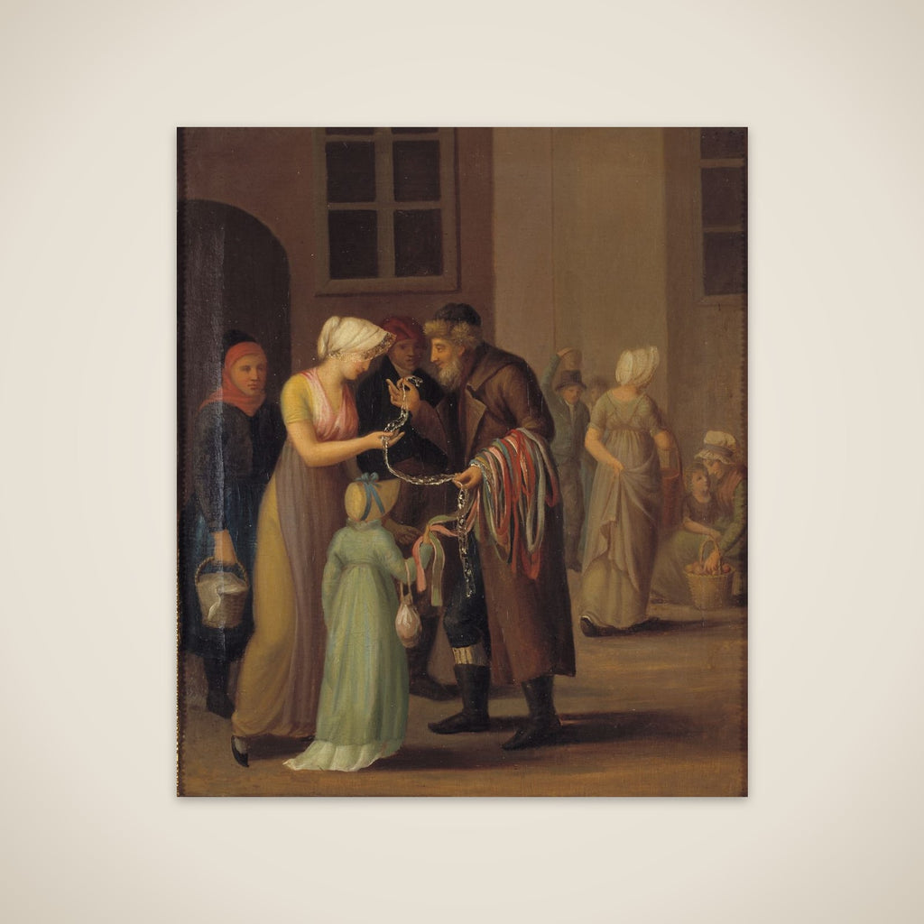 Gadescene i København ved år 1800. Piskebåndsjøden sælger en knipling til en ung pige unframed print