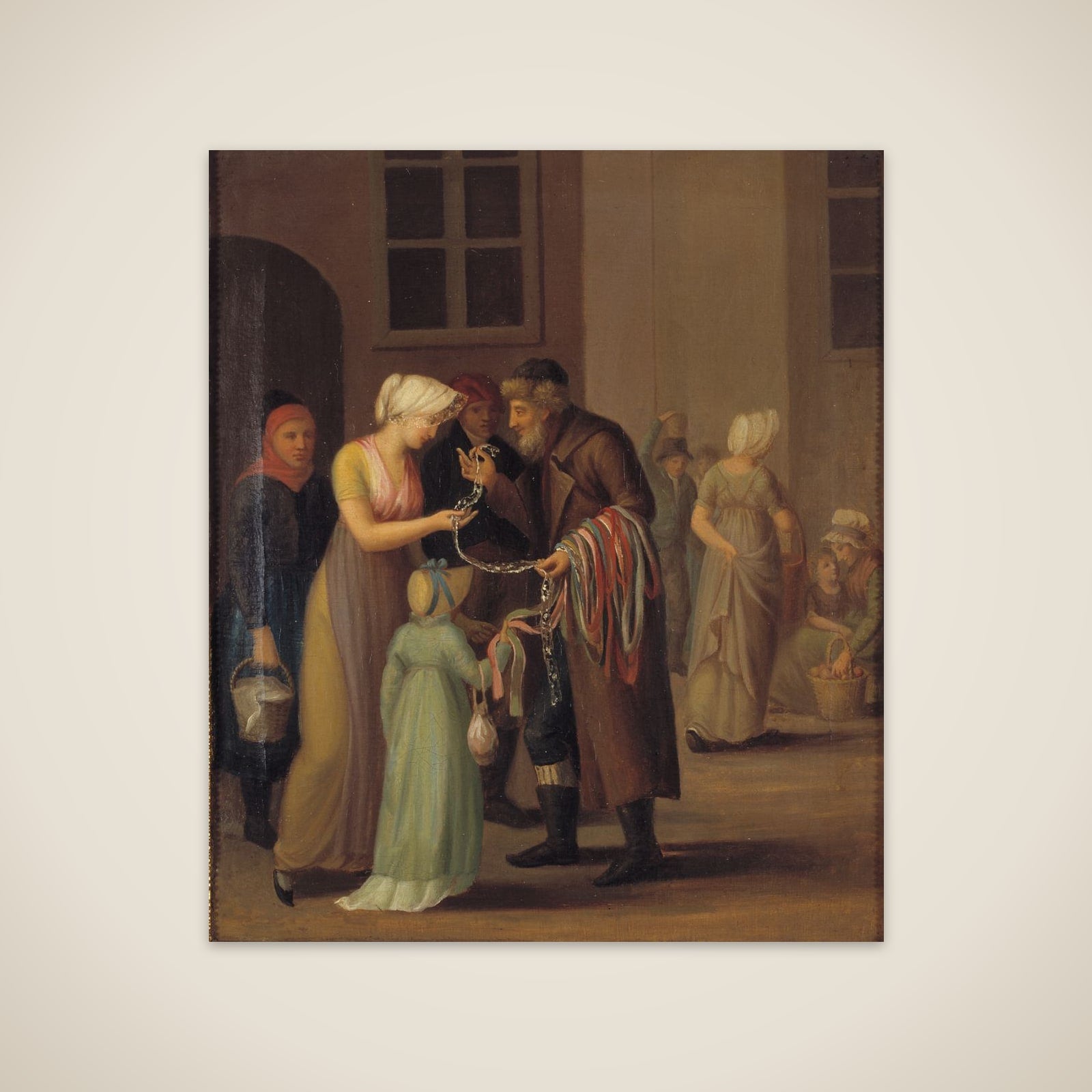 Gadescene i København ved år 1800. Piskebåndsjøden sælger en knipling til en ung pige unframed print