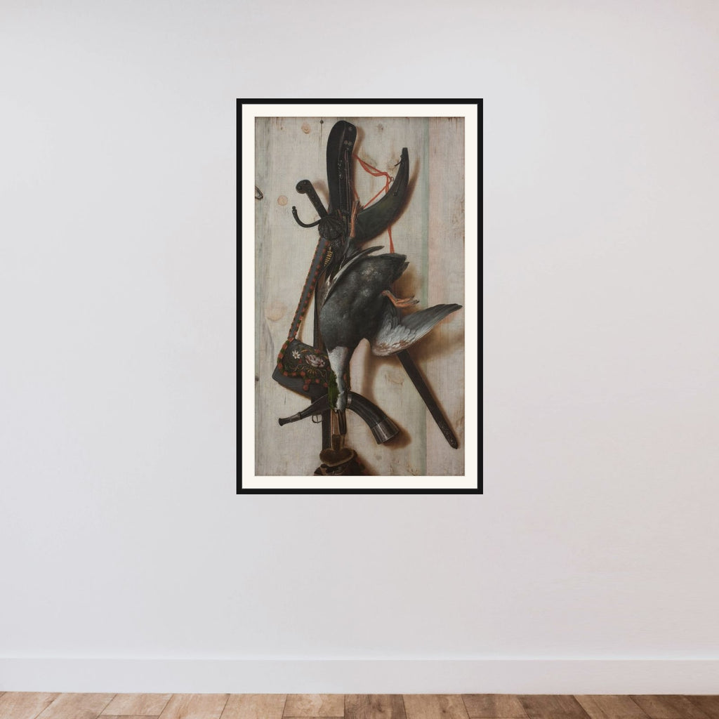 Trompe l'oeil med død and og jagtredskaber framed — shown to scale